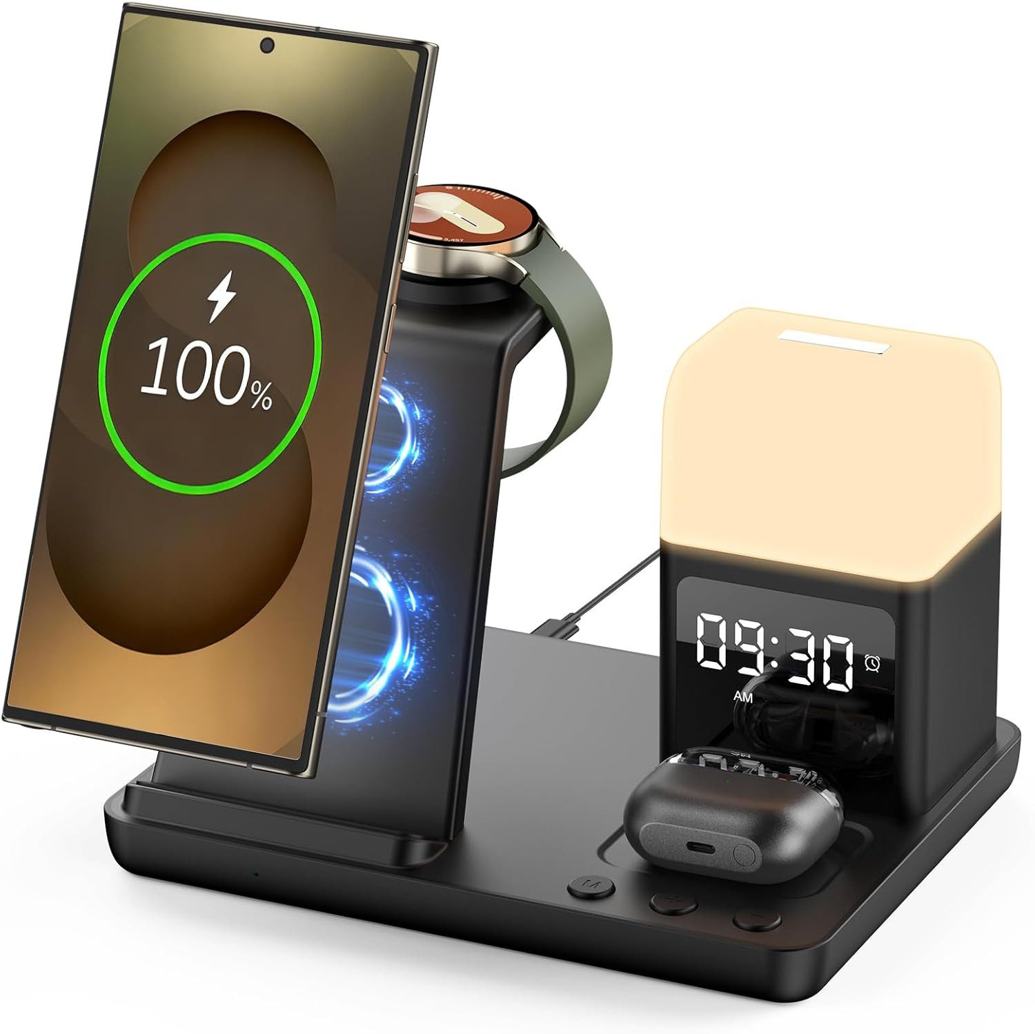 GreenHec Ladestation 5in1 Samsung Watch Wecker Induktiv Digital Wireless Fast Wireless Charger (Spar-Set, Wireless Charging Pad, S26 S25 S24 S23 S22 S21 S20 Serie Magsafe Schnell Kabellos Galaxy Buds)