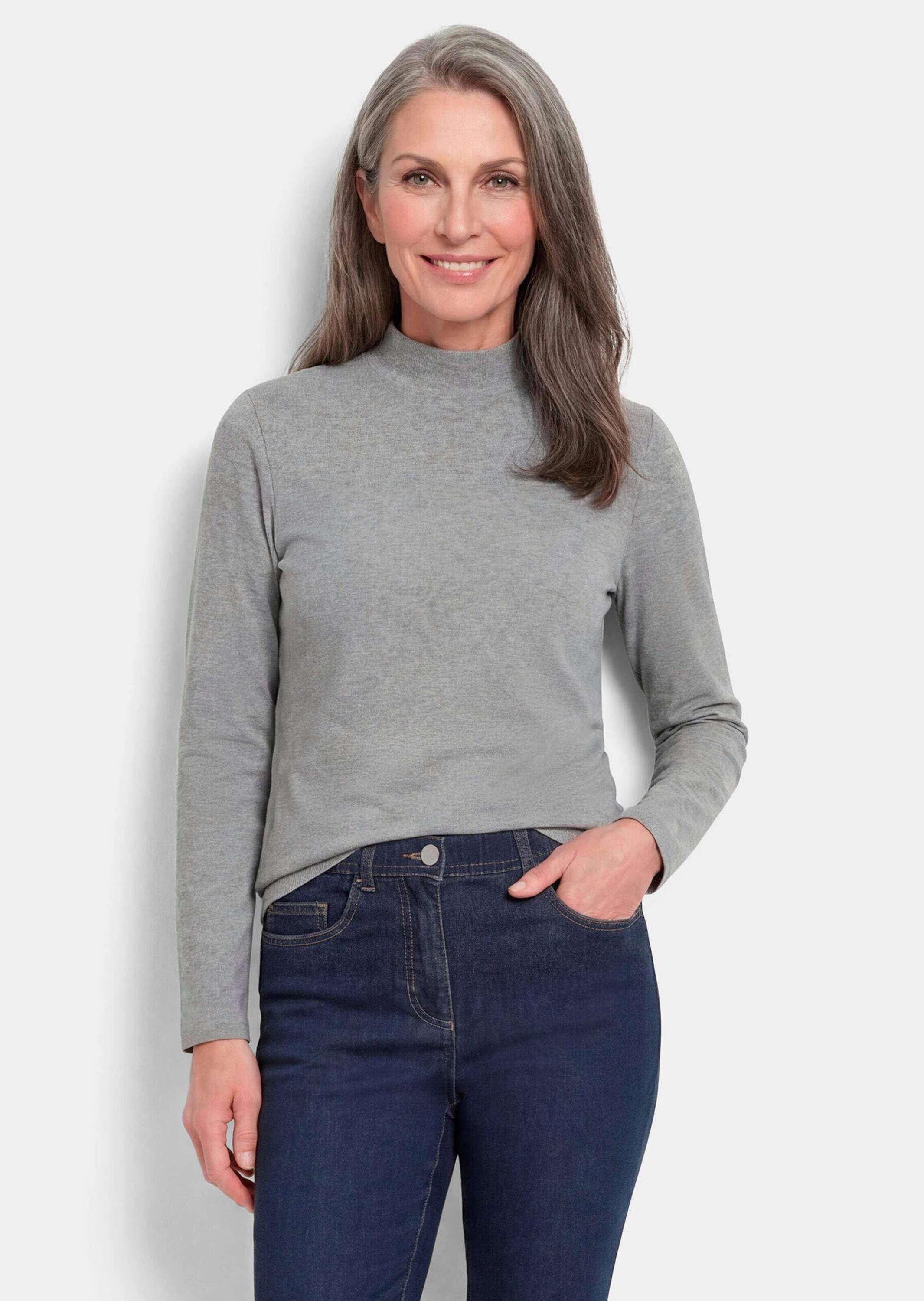 GOLDNER T-Shirt Baumwollshirt mit Langarm Weiches Jerseyshirt aus Baumwolle, mit Stehkragen und Langarm