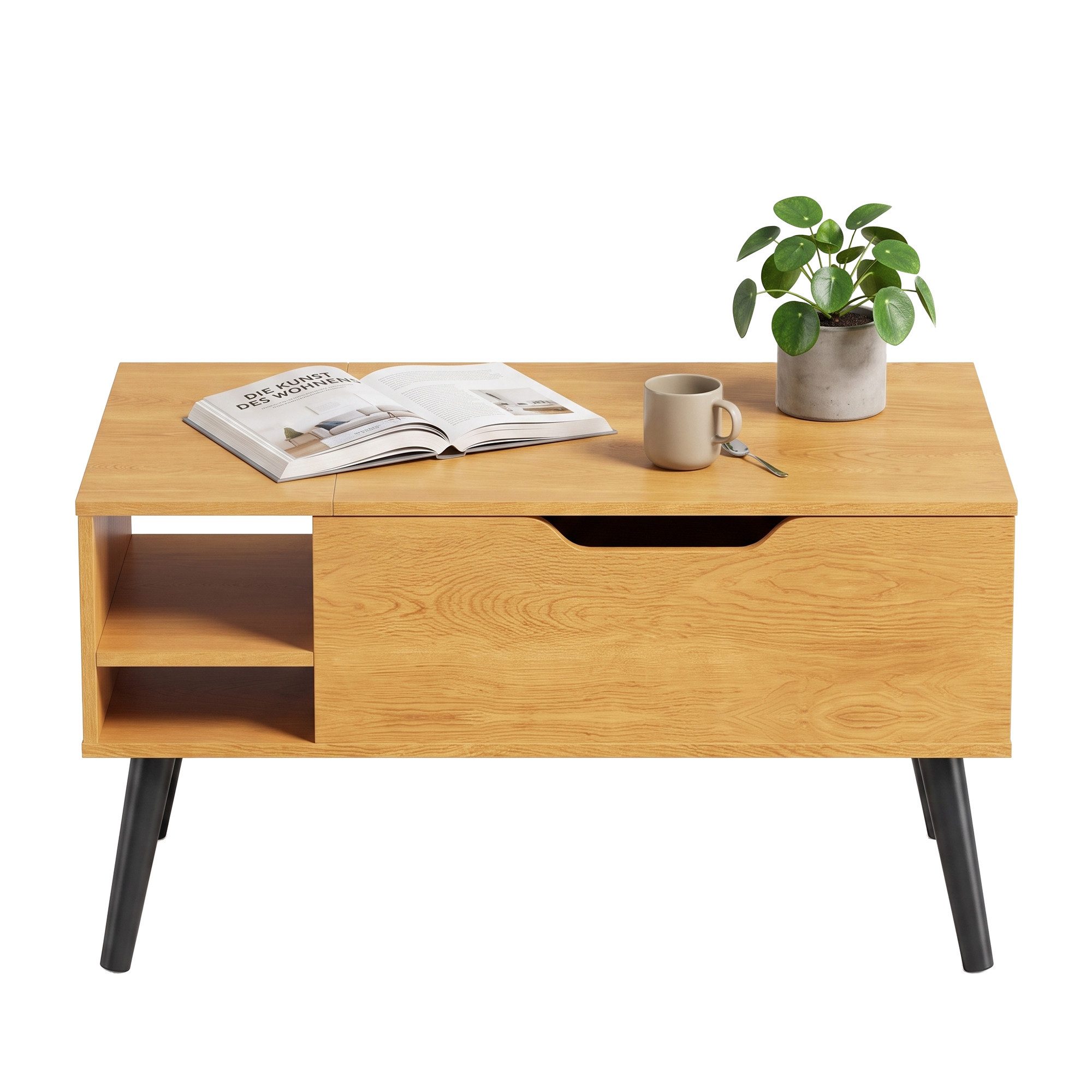 OYRREU Couchtisch höhenverstellbarer Sofatisch mit Liftplatte, Naturholz (Set, inkl. Zubehörpaket & Anleitung, aufklappbar, versteckter Stauraum), 80 x 40 x (44-58) cm Beistelltisch, modern, offenem Fach, Ablage