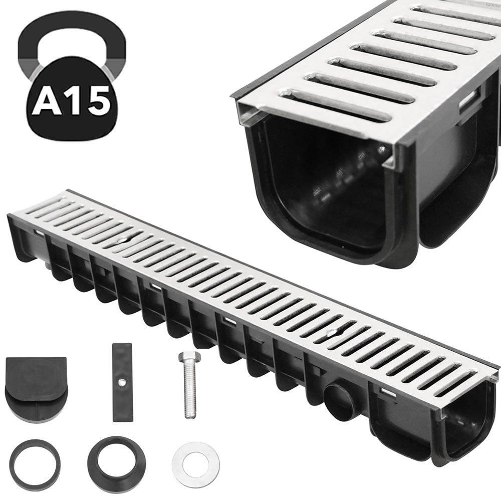 Melko Regenrinne Entwässerungsrinne Stegrost A15 Entwässerungskanal Kunststoff Stahl,A15, Stück, Set, inkl. 2 Endkappen, Kanalanschluss-SET und Diebstahlschutz