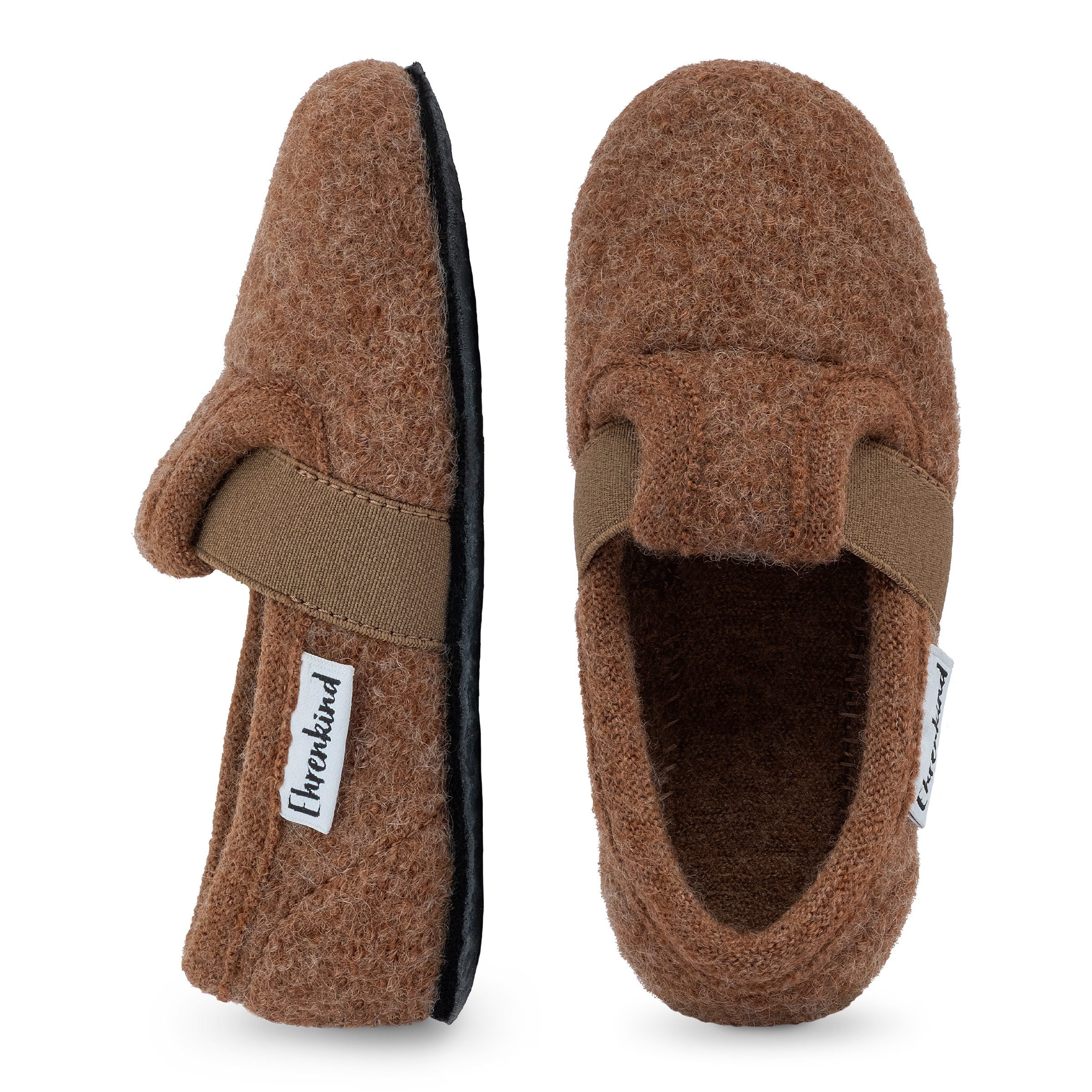 Ehrenkind Gemütliche, flache Kinder-Hausschuhe aus reiner Schurwolle Hüttenschuhe (atmungsaktiv & temperaturregulierend, rutschfest, Hellbraun) ideal für Kindergarten, Schule und zu Hause