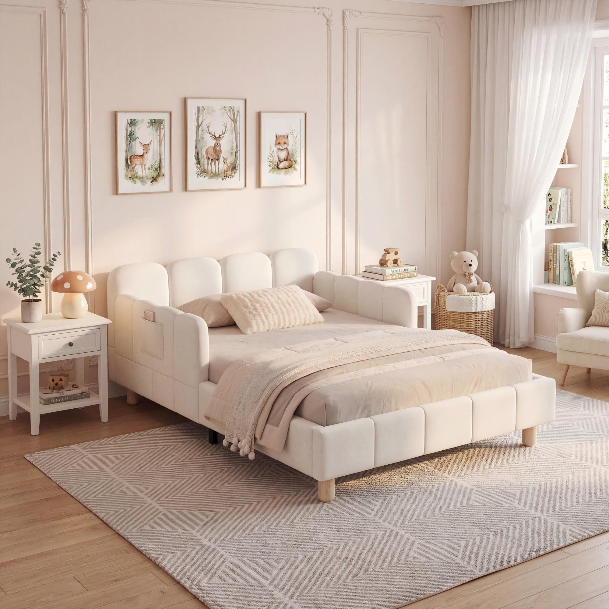 OKWISH Polsterbett 90x200 cm aus Samt mit Rausfallschutz (Packung, 1-tlg., Gepolstertes Kopfteil), Bettbeine aus Massivholz für Kinder(ohne Matratze)