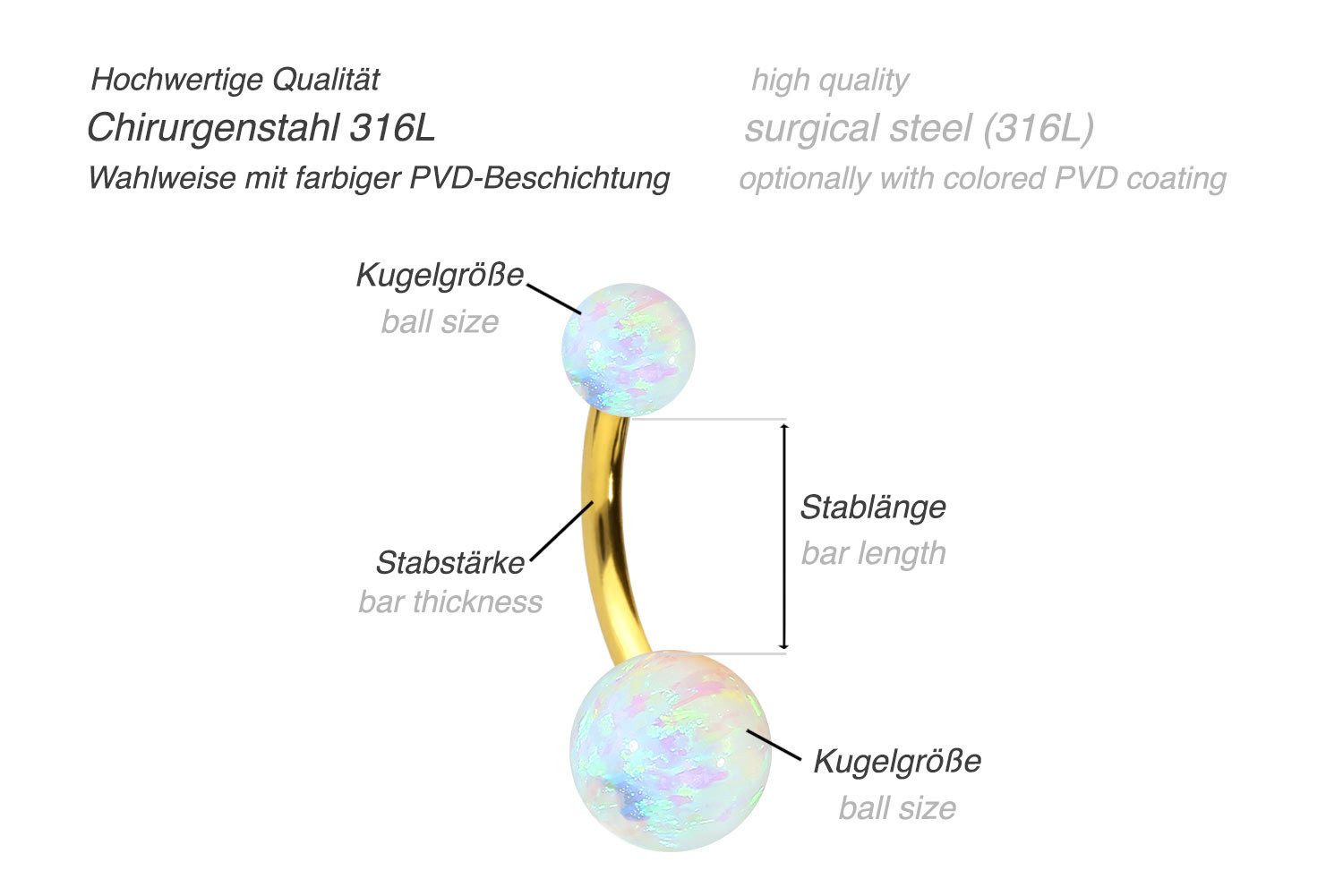 PIERCINGLINE Bauchnabelpiercing Chirurgenstahl Bananabell SYNTHETISCHE OPALE (Bananabells, 1-tlg)