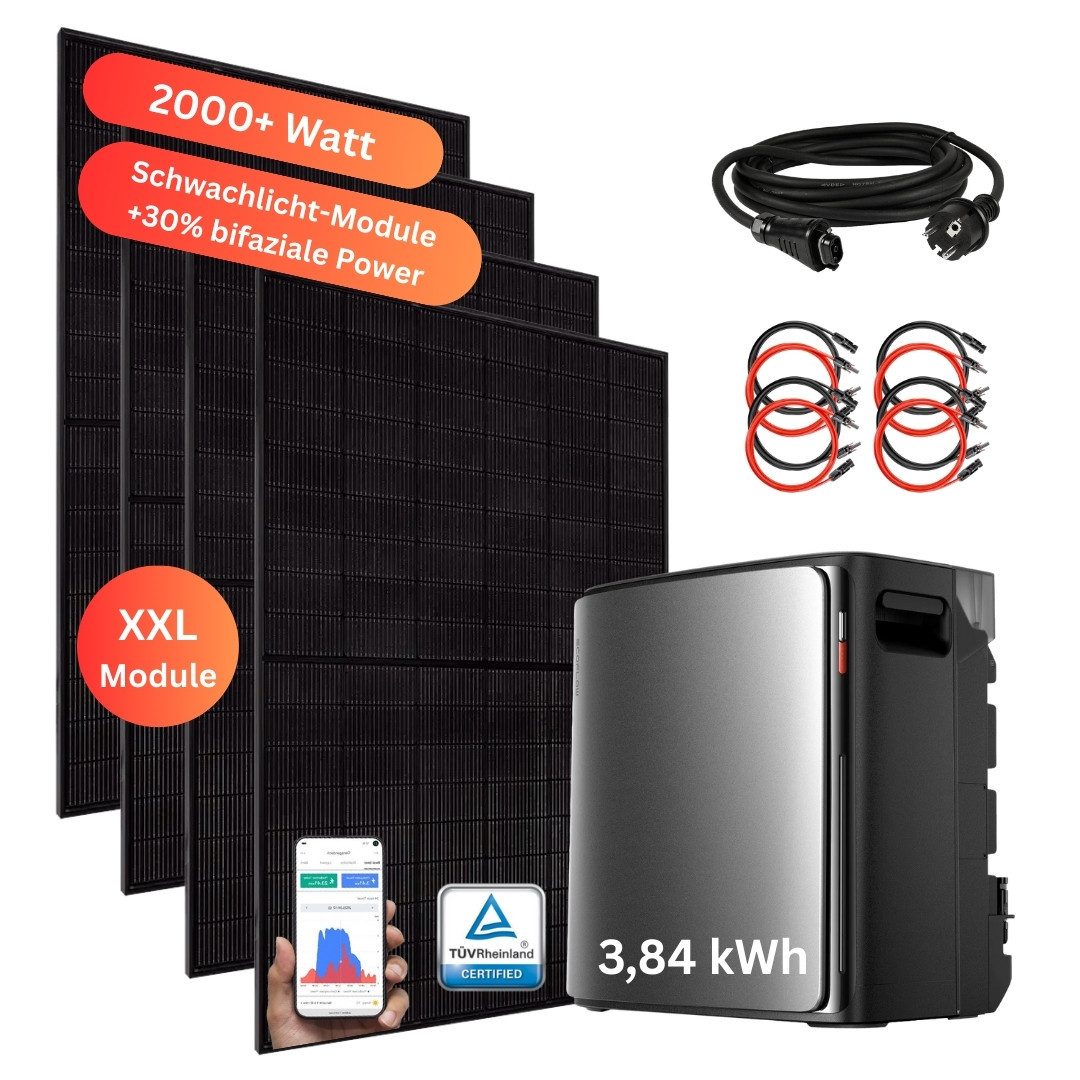 MyVoltaics Balkonkraftwerk 2000+ Watt MIT SPEICHER EcoFlow STREAM Ultra X 3,84 kWh Versand 0 , 2000 W, mit 4 Modulen bifazial XXL & Smartmeter, (Set komplett, 5-St., optional mit Solarmodul Halterung steckerfertig für Steckdose 800 Watt), XXL Solaranlage 800 W Komplettset mit Notstrom vom Speicher bis 2300 W