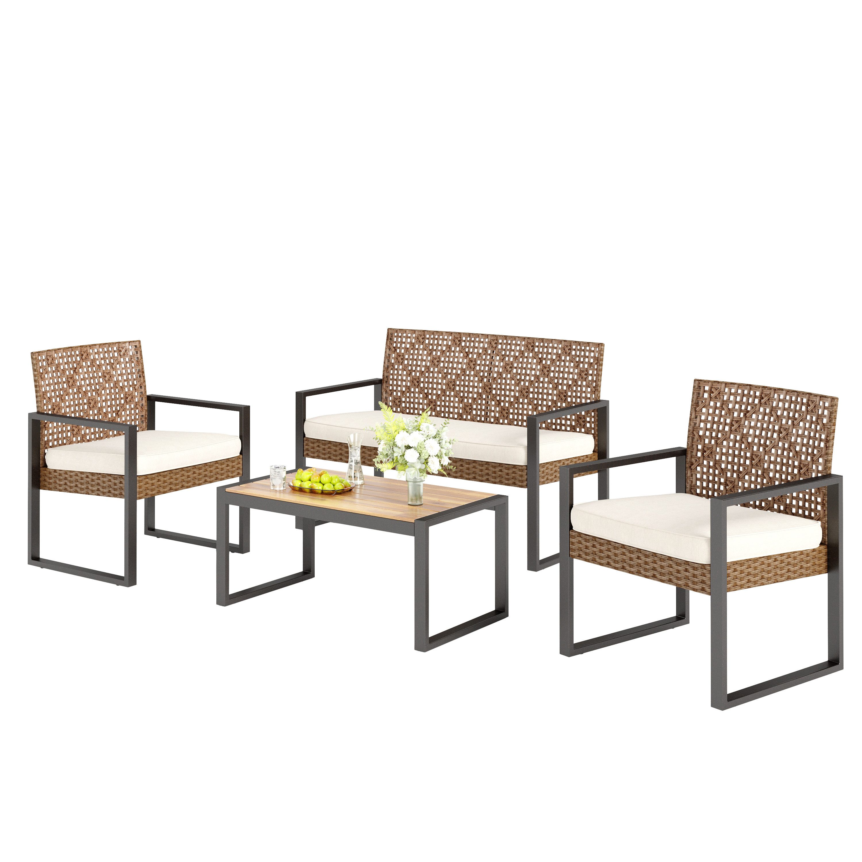PHI VILLA Gartenlounge-Set, (4 Personen Outdoor Lounge Möbel Gartensofa, mit 1 x 2-Sitzer Sofa, 2 x Sessel und 1 x Tisch), Gartenmöbel Balkonmöbel Set