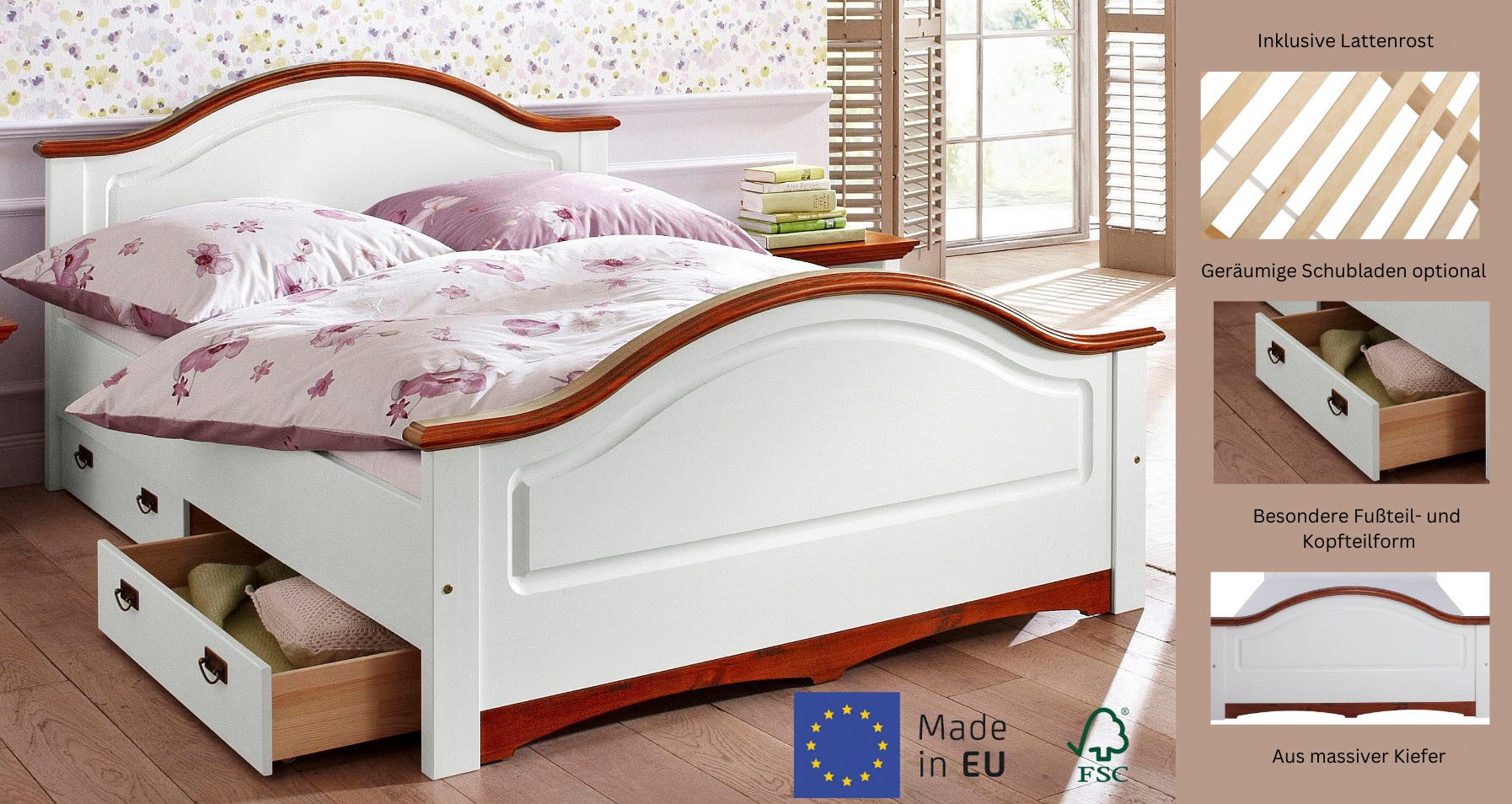 OTTO home Massivholzbett Konrad, hohe Belastbarkeit! FSC® zertifiziertes Massivholz (Breite/Belastbarkeit 180cm/220 KG, 140cm/180 KG), aus massivem Kiefernholz, FSC®-zertifiziert, INKLUSIVE Rollrost