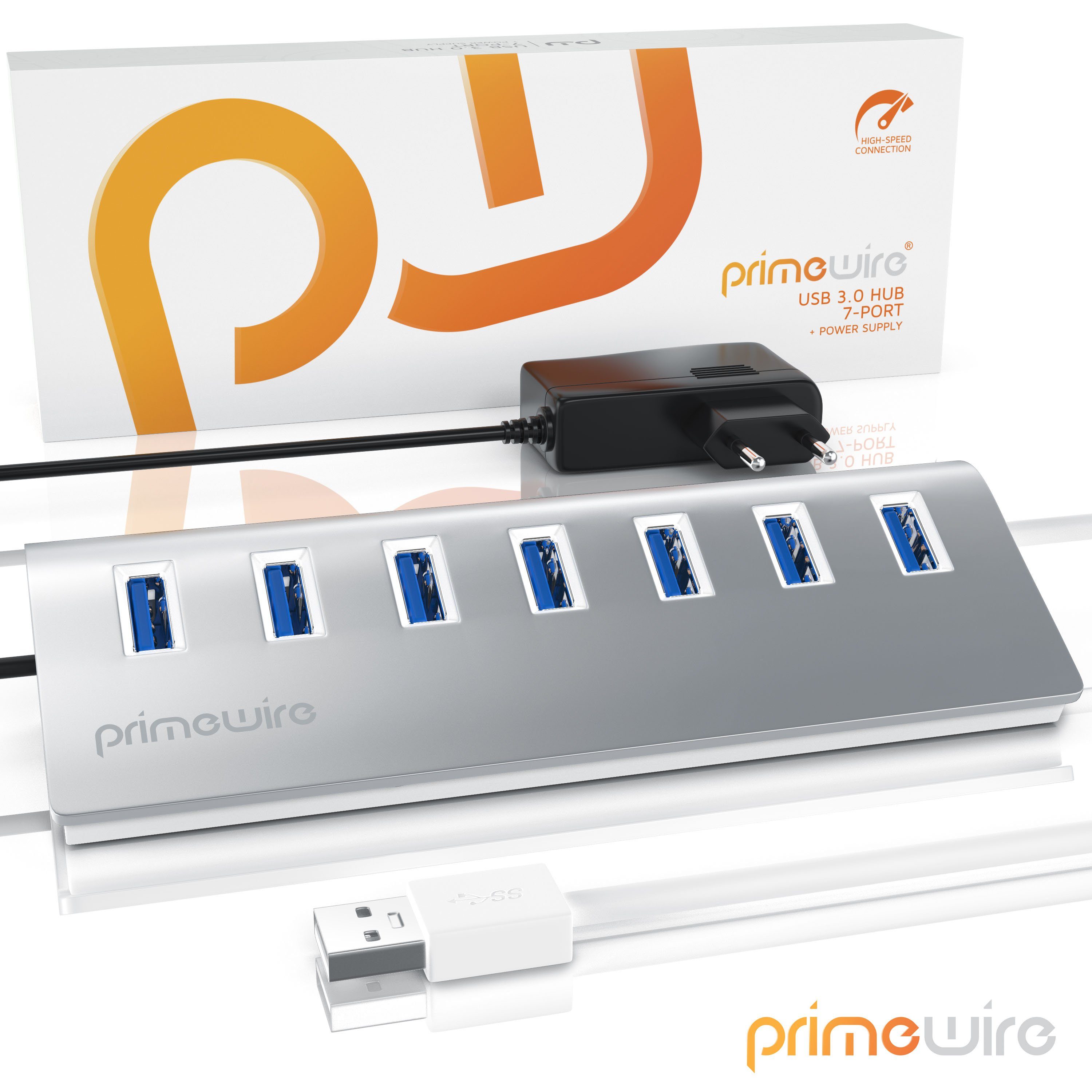 Primewire USB-Adapter, 7-Port USB 3.2 Gen1 Hub mit Netzteil, gebürstetes Aluminium-Gehäuse