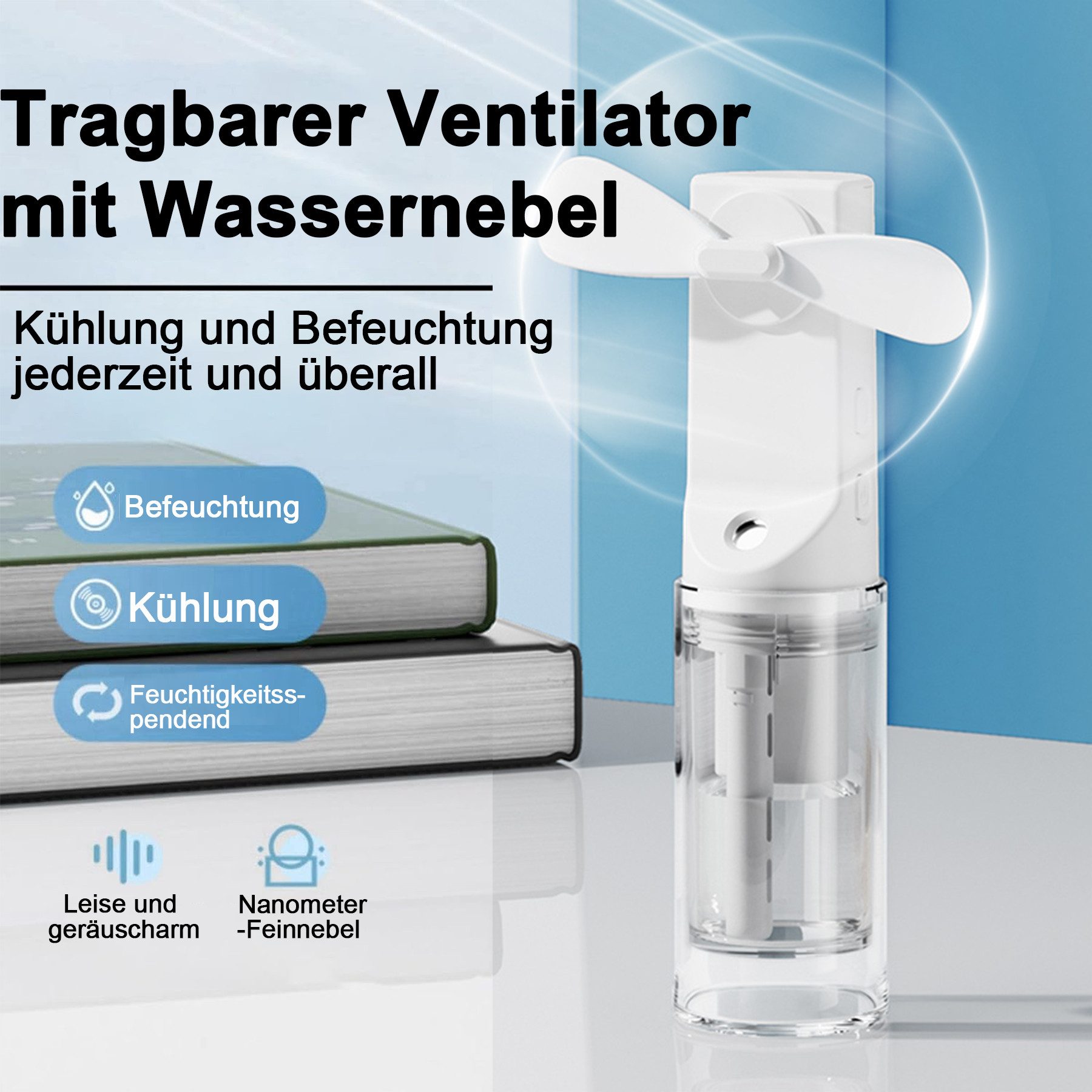 Senmudi Handventilator Tragbarer Mini Ventilator klein Ventilatoren Wiederaufladbar 800MAH, 4 Modi Und USB Ventilator Akku Aufladbar Mit Wassernebel Für Reisen