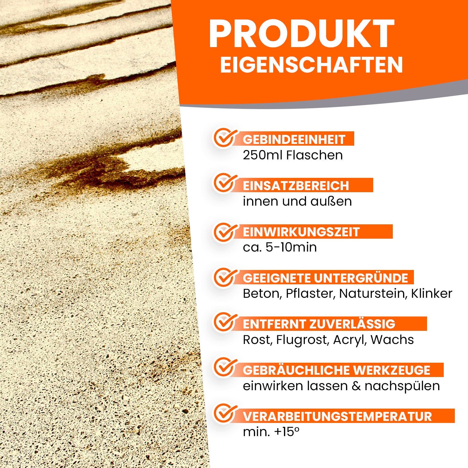 BEKATEQ LS-565 Rostflecken Entferner für Stein & Beton inkl. Bürste Rostentferner (250ml + Bürste, [2-St. Steinreiniger Rostentfernung Terrasse Stein Fliesen Beton Pflaster wirkt selbsttätig Flugrost Acryl Wachs)