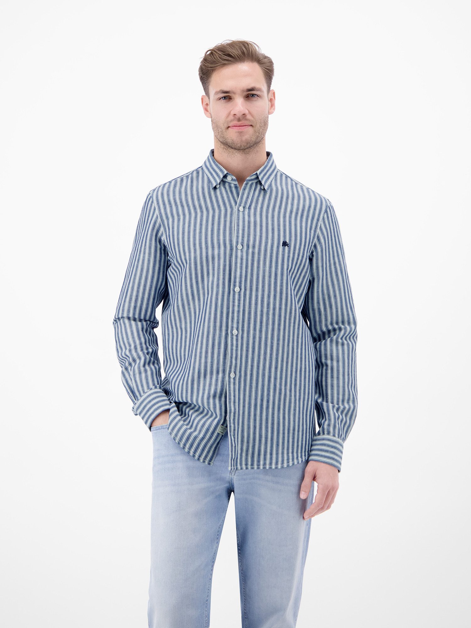 LERROS Leinenhemd Gestreiftes Langarmhemd aus Leinen-Baumwoll-Mix Gestreift, 55% Leinen, 45% Baumwolle, Button‑down, 2‑Knopf