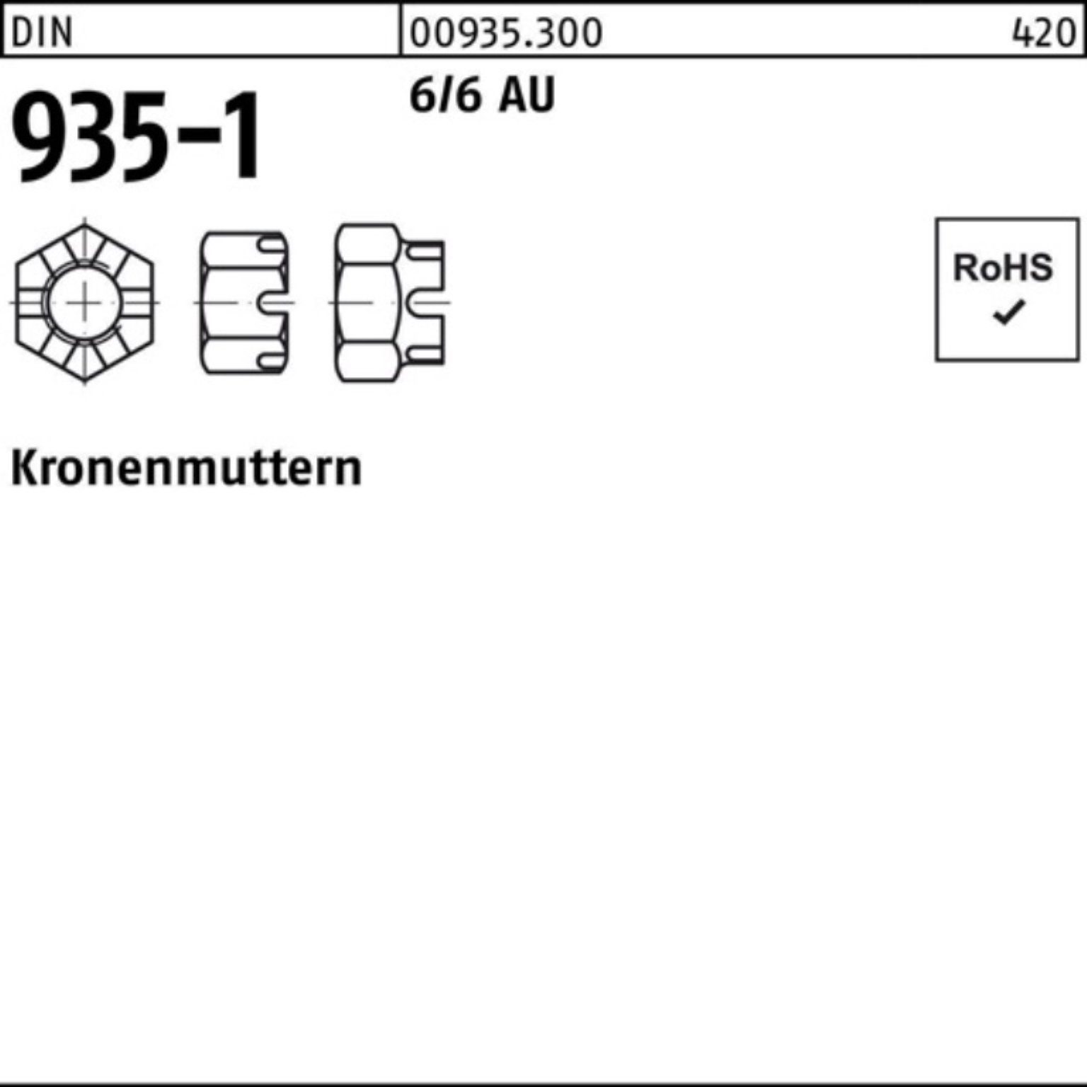 Reyher Kronenmutter 935-1 Pack 100er Stück 1 6/6 DIN DIN Kronenmutter Automatenstahl M64