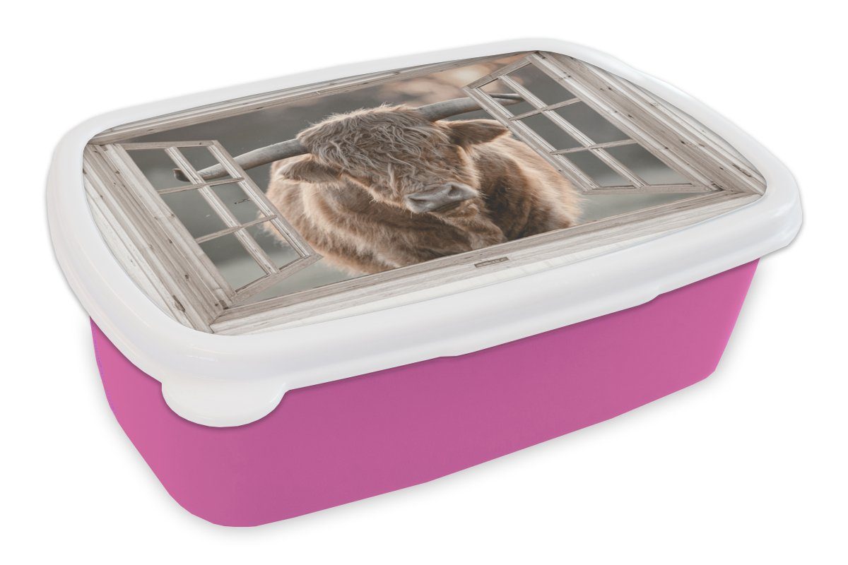 MuchoWow Lunchbox Schottischer Highlander - Tier - Ansicht, Kunststoff, (2-tlg), Brotbox für Erwachsene, Brotdose Kinder, Snackbox, Mädchen, Kunststoff rosa