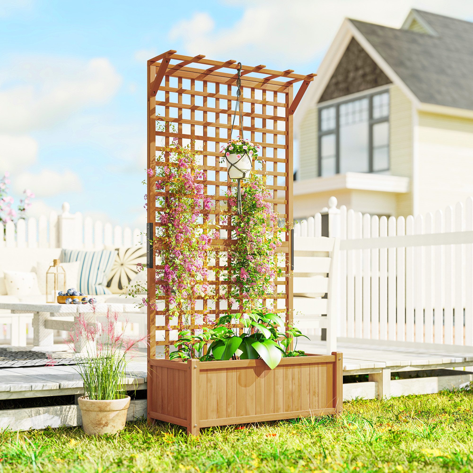 Outsunny Hochbeet mit Rankgitter, aus Holz (Pflanzkasten, 1 St., Gemüsebeet), für Garten Balkon Terrasse, für Kletterpflanzen Korbpflanzen, Blumen