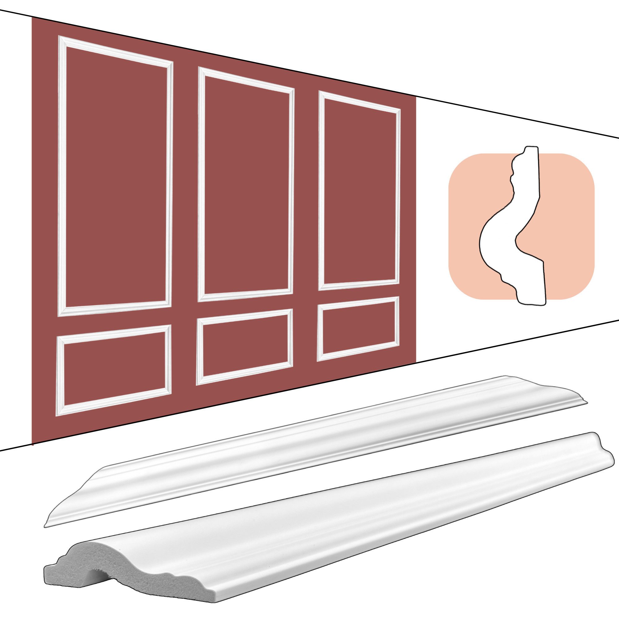 IKHEMalarka 3D Wandpaneel Hochwertiges Wandleisten Set – Zierleisten Stückleisten, (24 Leisten (6×40 cm, 12×60 cm, 6×125 cm), Komplettset für 6 Wandrahmen) Wasserfest, stoßfest & leicht zu montieren