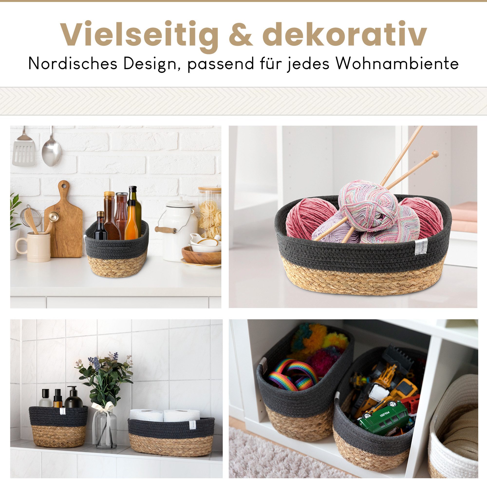 NORDIS DESIGN Aufbewahrungskorb Set "Alina" aus natürlicher Baumwolle und Wasserhyazinthe, (2er Set), Dekokorb geflochten für Bad, Babyzimmer und Schlafzimmer