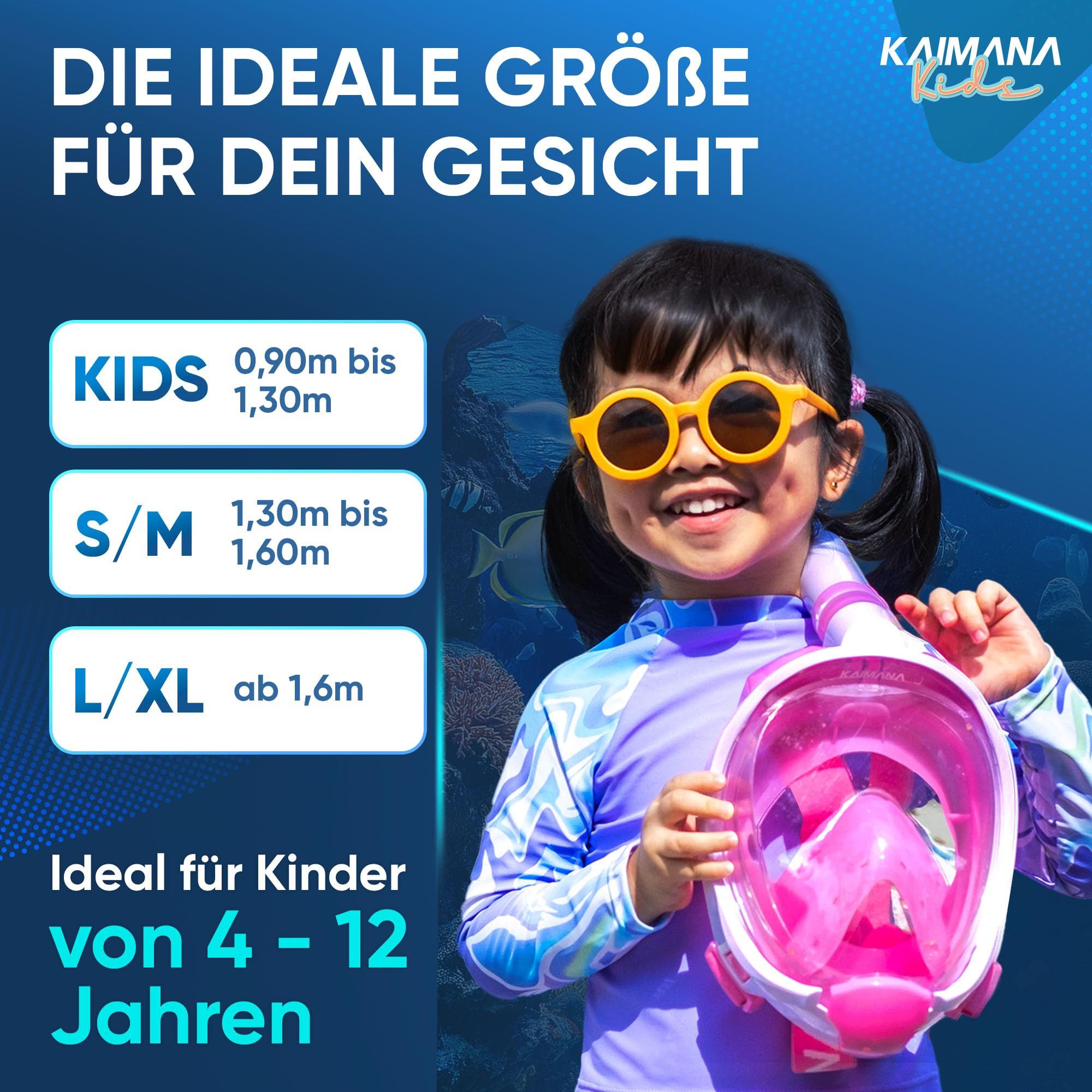 KAIMANA Tauchermaske - Die Preisgekrönte Schnorchelmaske Kinder inkl. Tragetasche, (Taucherbrille Kinder 4 Jahre - Kinder Schnorchelmaske), absolut CO₂ sichere Tauchmaske Kinder - Tauchermaske Kinder