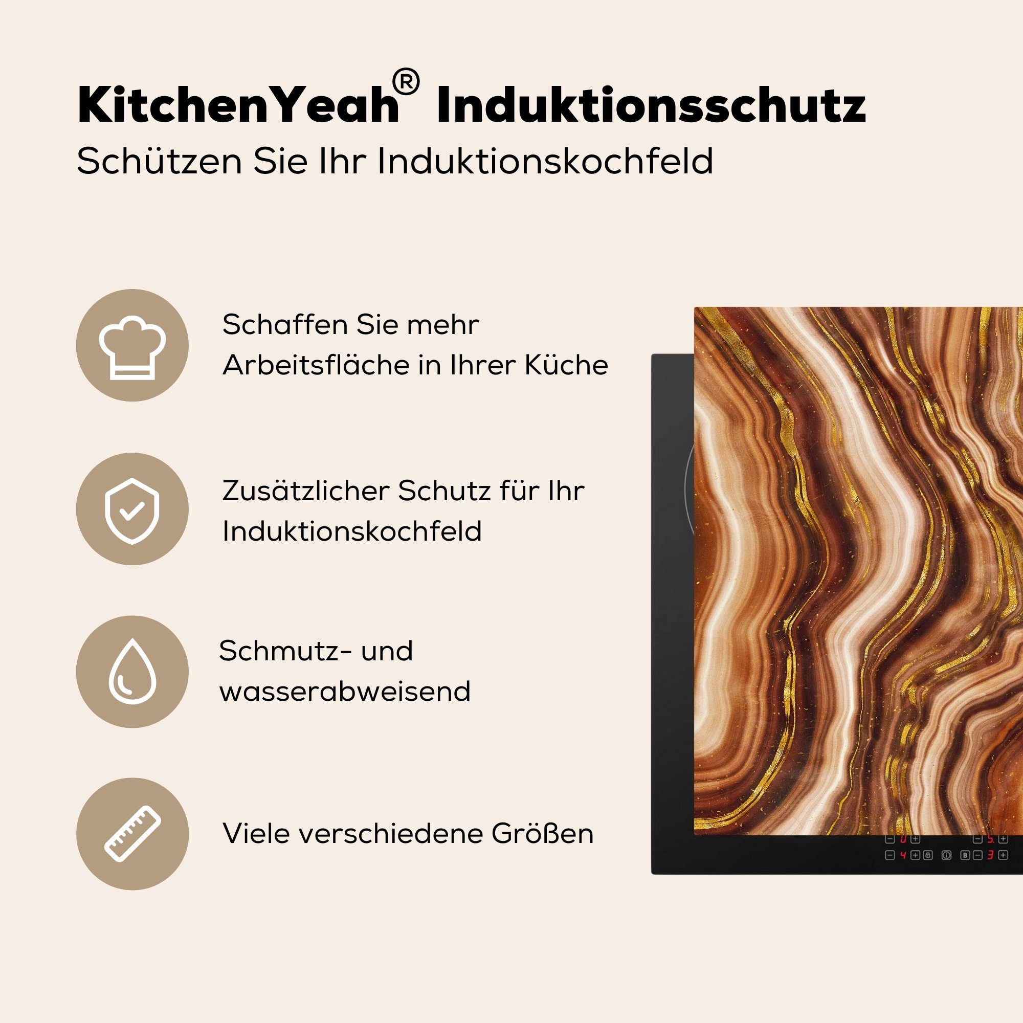 Marmor Herdblende-/Abdeckplatte - Arbeitsplatte küche tlg), 78x78 Braun, für (1 cm, - Golden Vinyl, MuchoWow Ceranfeldabdeckung,