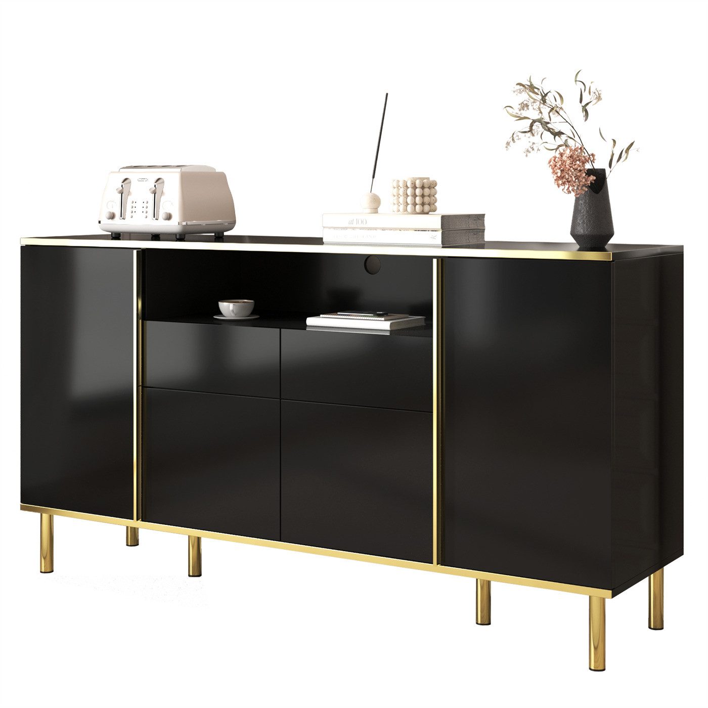 Kommode Sideboard,hochglänzende Kommode mit 2 Schubladen, Kommode