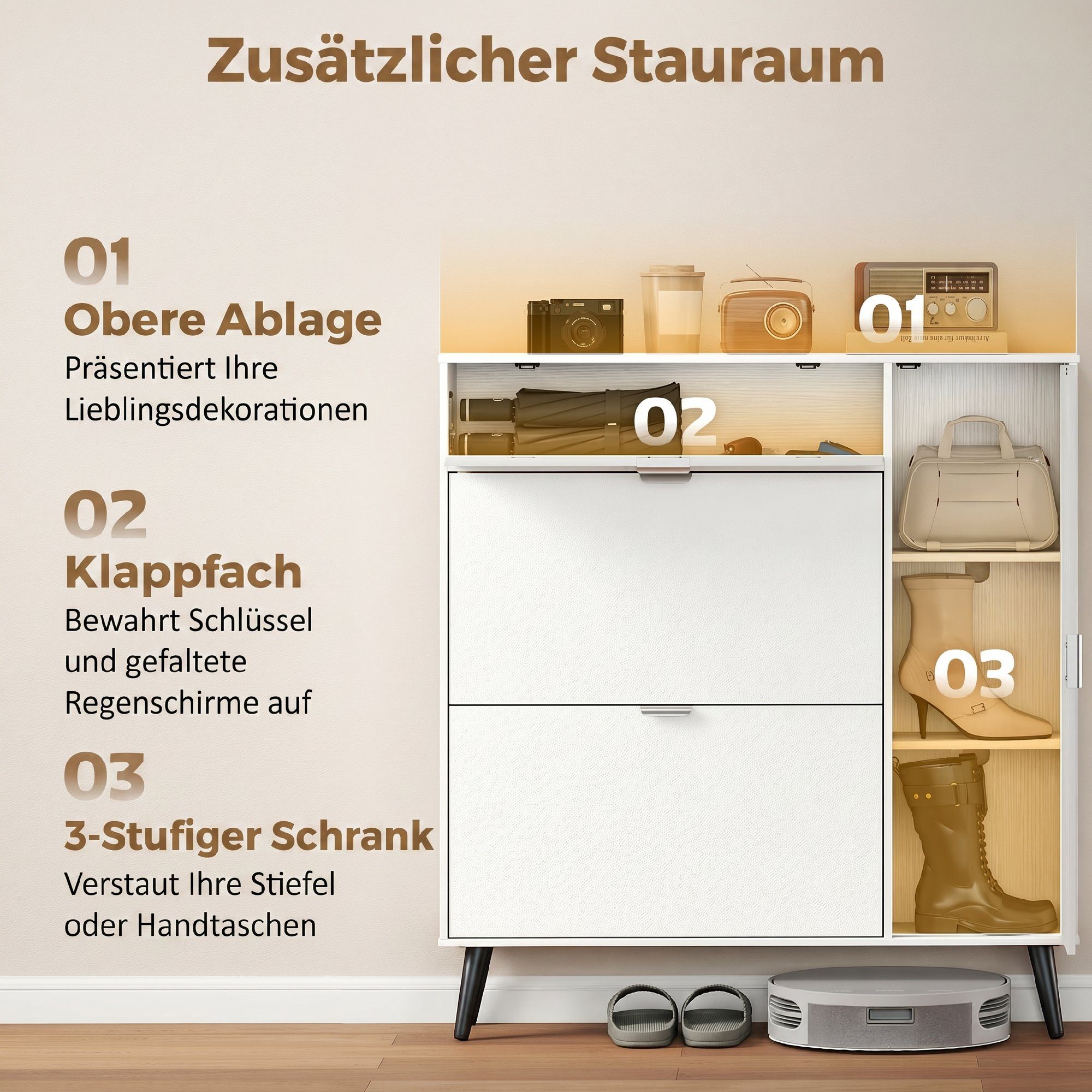 HOMCOM Schuhkipper Schuhaufbewahrung mit 2 Klappen, 2 Türen, verstellbare Trennwand (Schuhkommode, 1 St., Schuhschrank), für ca. 10-12 Paar Schuhe, Soft-Close – Bild 4 von 5