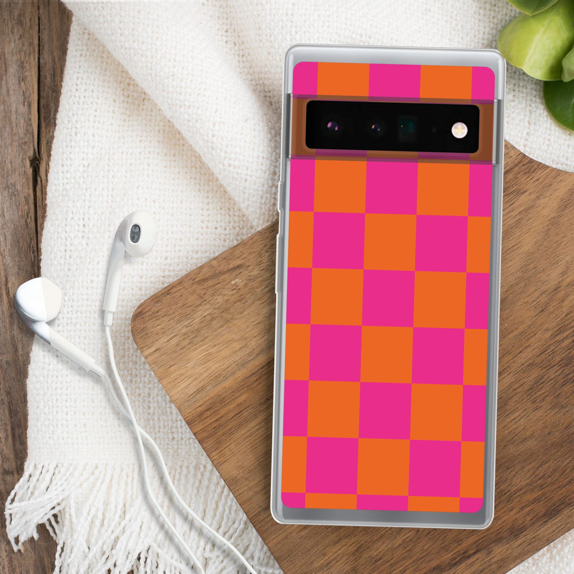 MuchoWow Handyhülle für Google Pixel 6 Pro Schachbrettmuster - Orange - Rosa - Blöcke, Handy Case, Silikon, Bumper Case Dünn