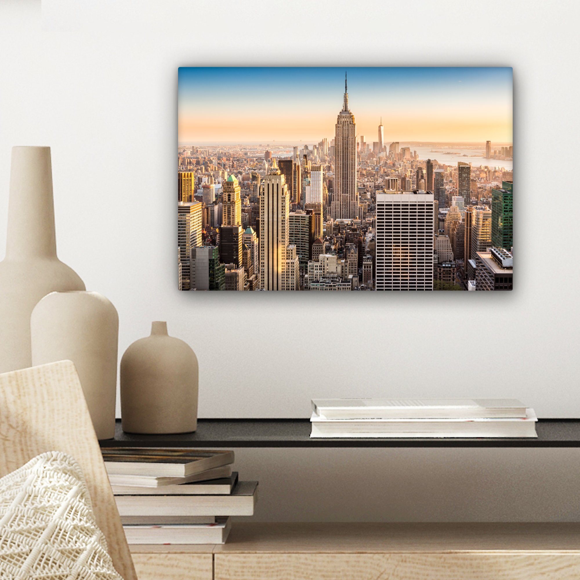 - cm Skyline, New - 30x20 Aufhängefertig, St), Leinwandbild OneMillionCanvasses® Leinwandbilder, Nebel Wandbild York Wanddeko, (1