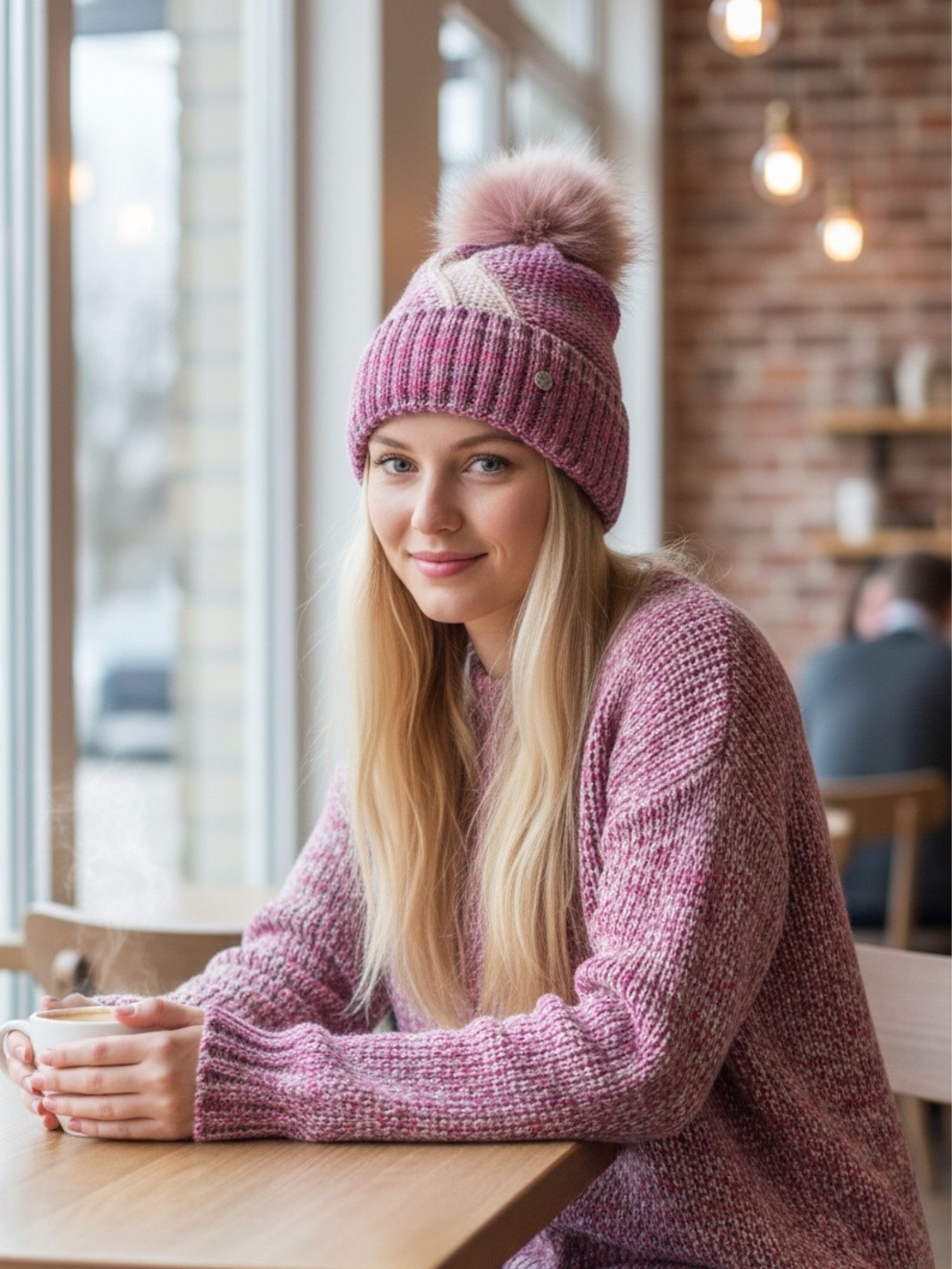 Taschen4life Bommelmütze Beanie mit großem Bommel 701P lockerer Strick, weich gefüttert