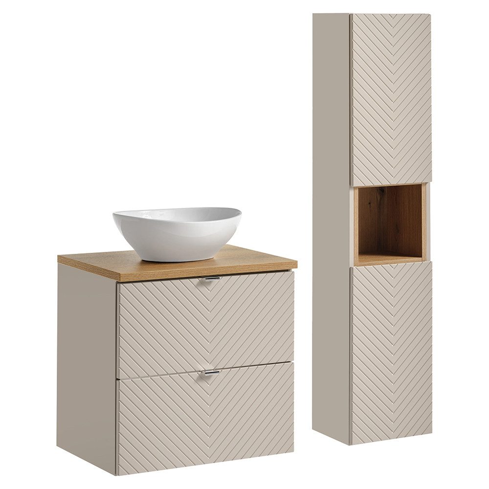 Lomadox Badmöbel-Set VERACRUZ-56, (Spar-Set, 2-St., Waschtisch Hochschrank), 60cm breit mit Aufsatzwaschbecken, kaschmir mit Eiche, gerillte Front