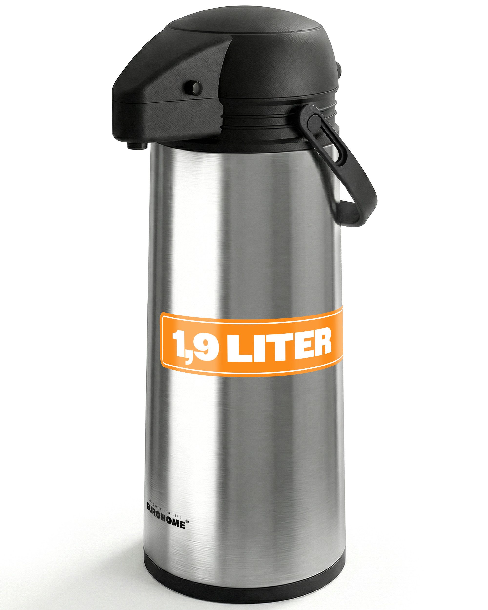 EUROHOME Pump-Isolierkanne Airpot Pumpkanne Edelstahl für 1,9 Liter mit Tragegriff, 1,9 l, (1-St., Thermoskanne 35 cm hoch), Isolierkanne mit Pumpfunktion - Pumpkannen