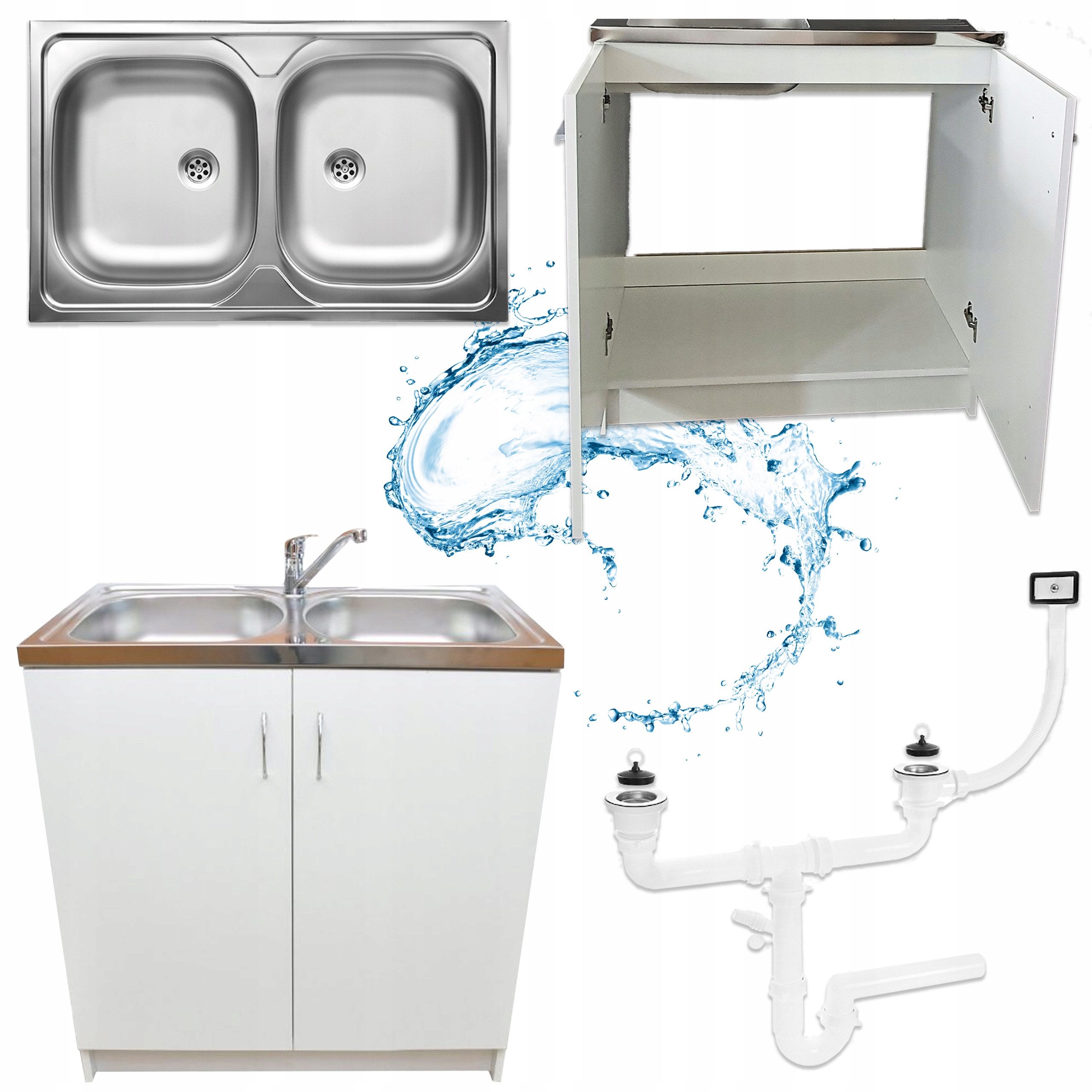 STAMAR Spülenschrank Küchenschrank 80cm Weiß Komplett Set Spüle 2 Kammer Dreharmatur Chrom Standschrank Edelstahl Spülbecken Schwenkbare Armatur Siphon Set XXL