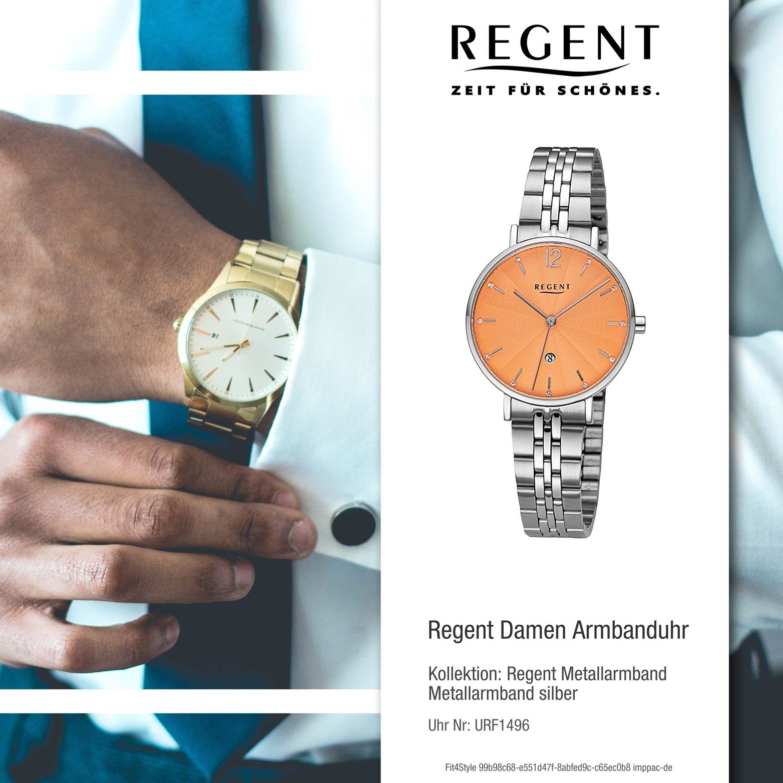 Regent Quarzuhr Regent Damen 32mm) groß Armbanduhr extra silber, Damenuhr Analog, Gehäuse, rundes Metallarmband (ca