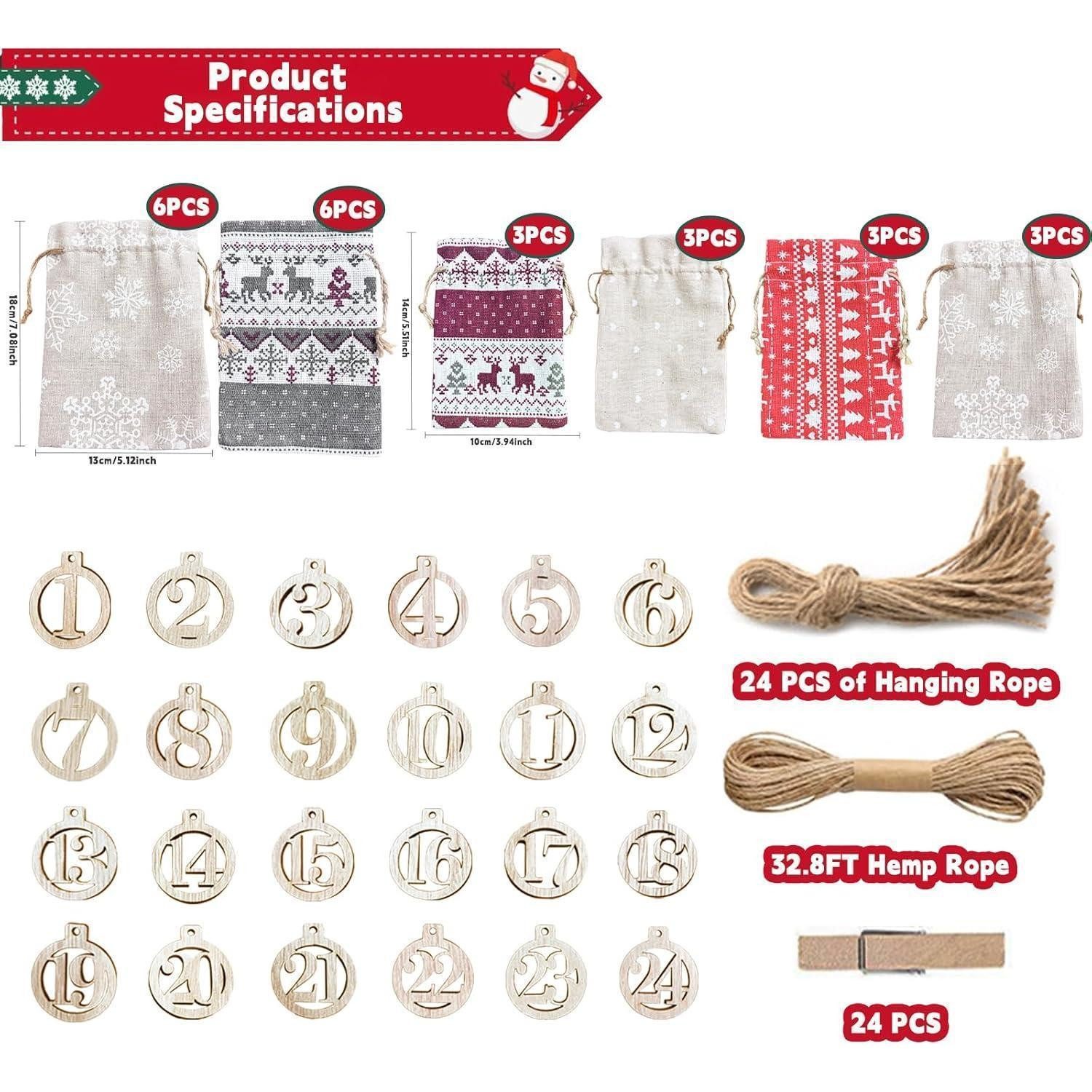 LuxusKollektion DIY-Adventskalender Adventskalender Sackleinenbeutel 24 Tage DIY mit Holzklammern