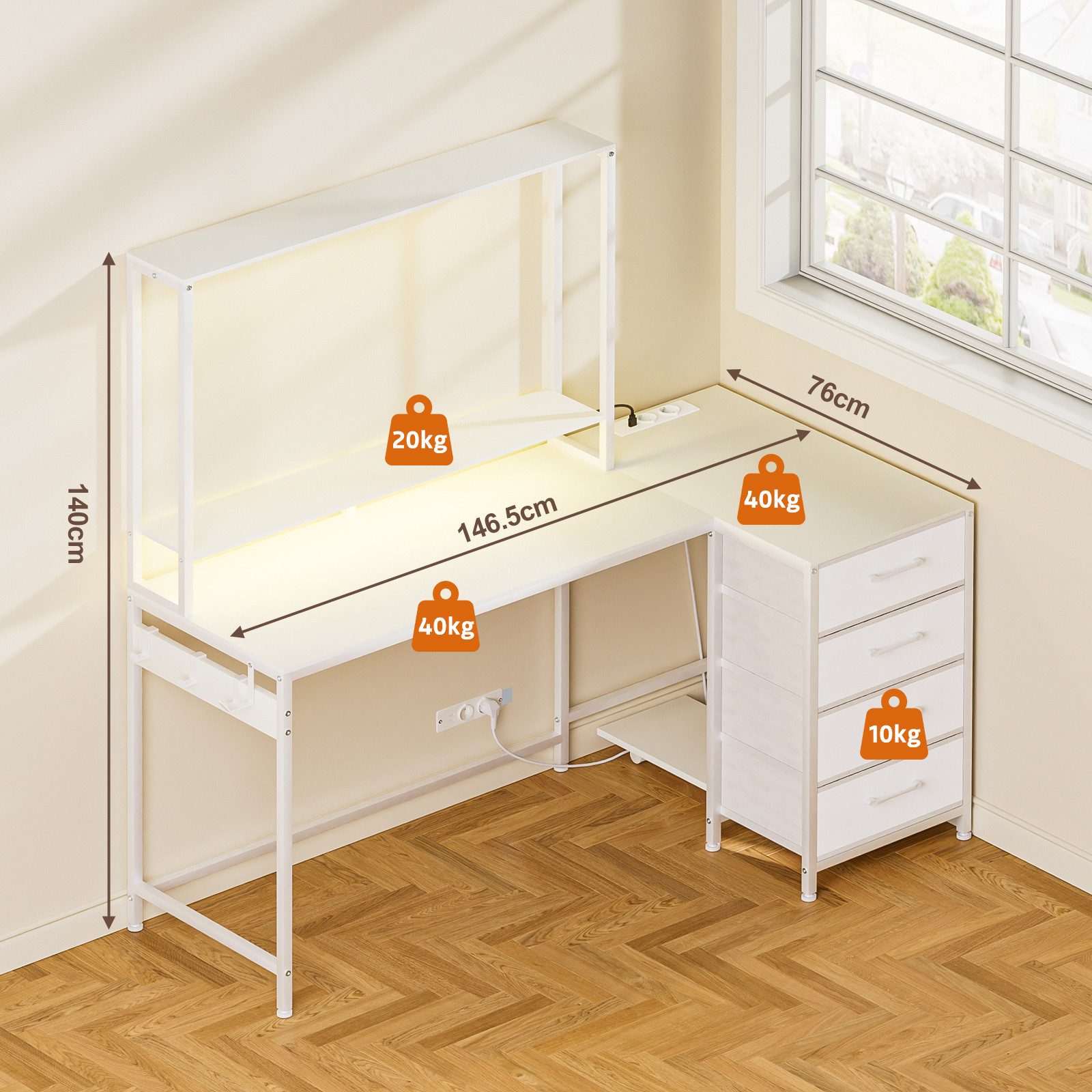 Yorbay Eckschreibtisch L-Form 140 cm mit 4 Schubladen & Steckdose, Computertisch mit USB, LED, Regal – für Gaming & Home Office