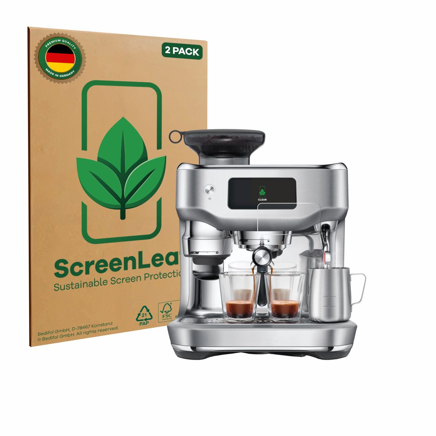 ScreenLeaf Displayschutzfolie Schutzfolie für Sage the Oracle Dual Boiler, 2 Stück, nachhaltiger Displayschutz Schutz Folie Klar Transparent