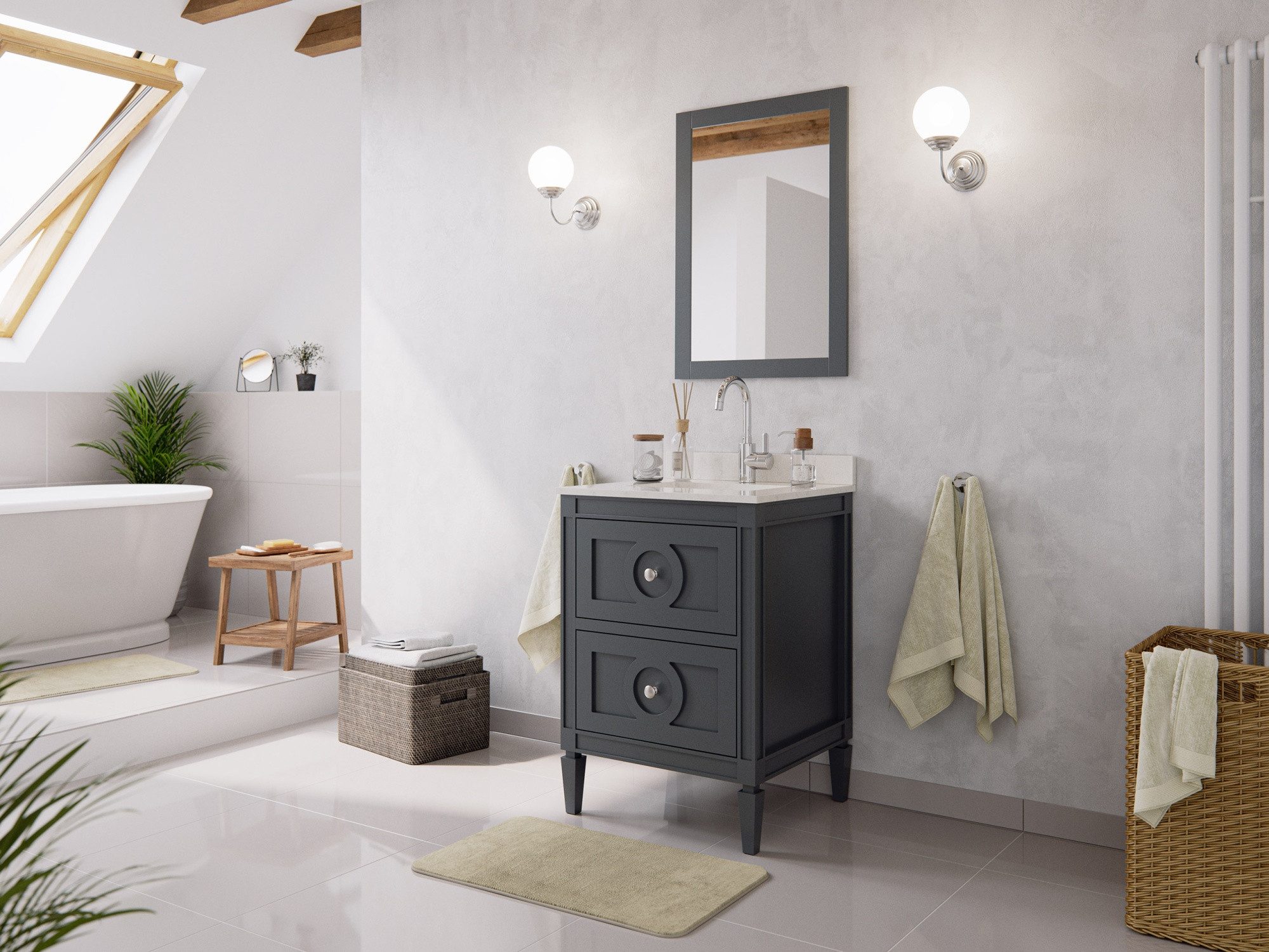 Magnolia Home Waschtisch Landhaus Badmöbel-Set 2tlg Lavanda 60 Quarz Carrara montiert grau lack