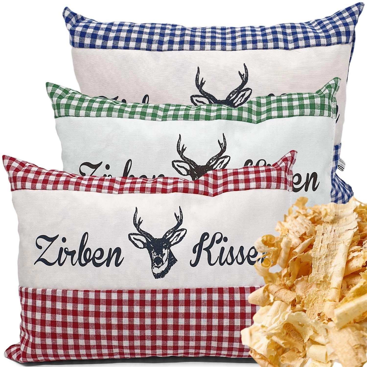 Landwiesen Zirbenkissen »3 x Zirbenkissen Original Späne Österreich 26 x 19 cm natürlich echt rot+blau+grün-weiß kariert«, Spar-Set, 3 Kissen rot+blau+grün-weiß kariert, Hirsch Motiv