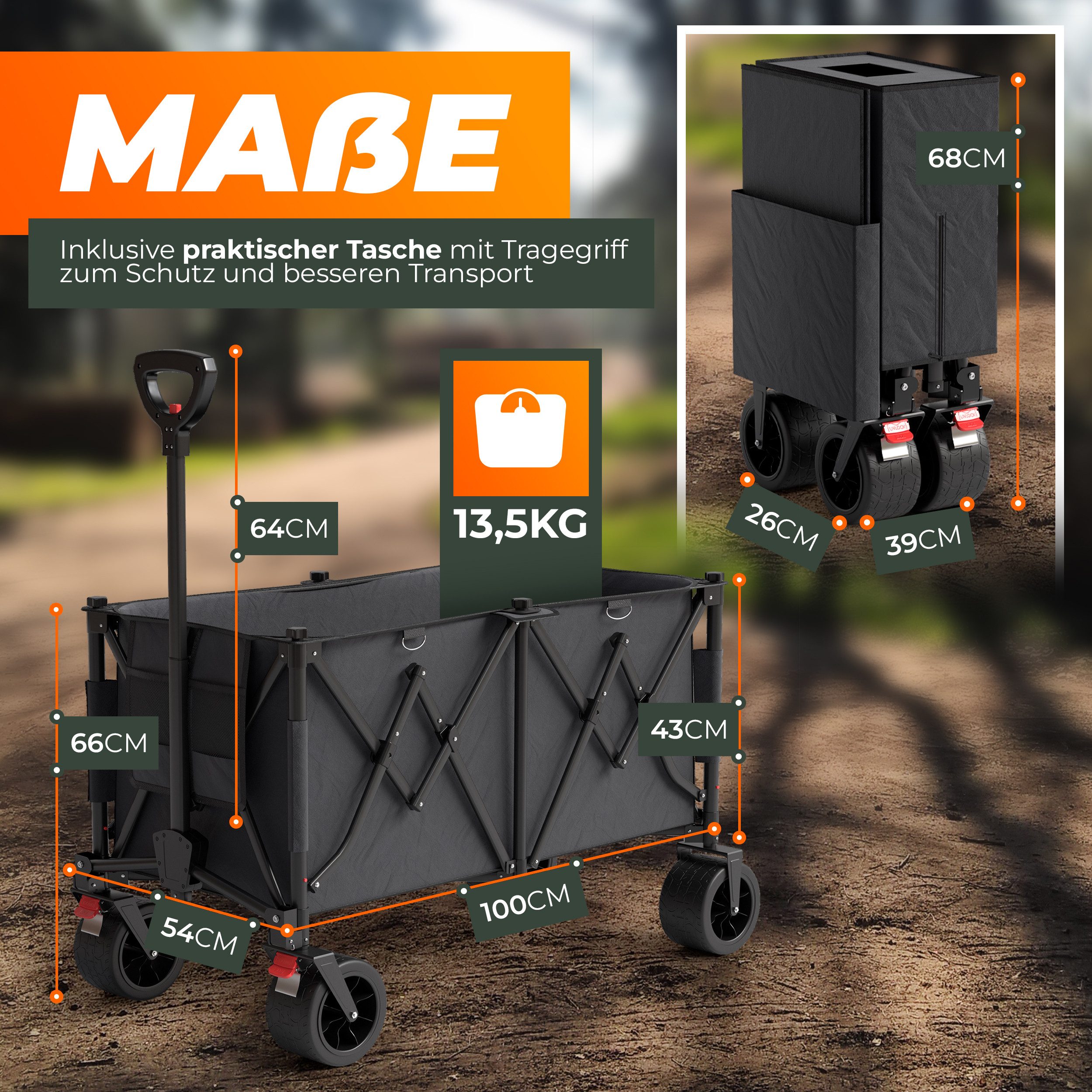 BigDean Bollerwagen XXL Transportwagen faltbar 260L 150kg belastbar - robust (1-tlg., Packung), 4-wege-Faltsystem, All-Terrain-Räder, Feststellbremse