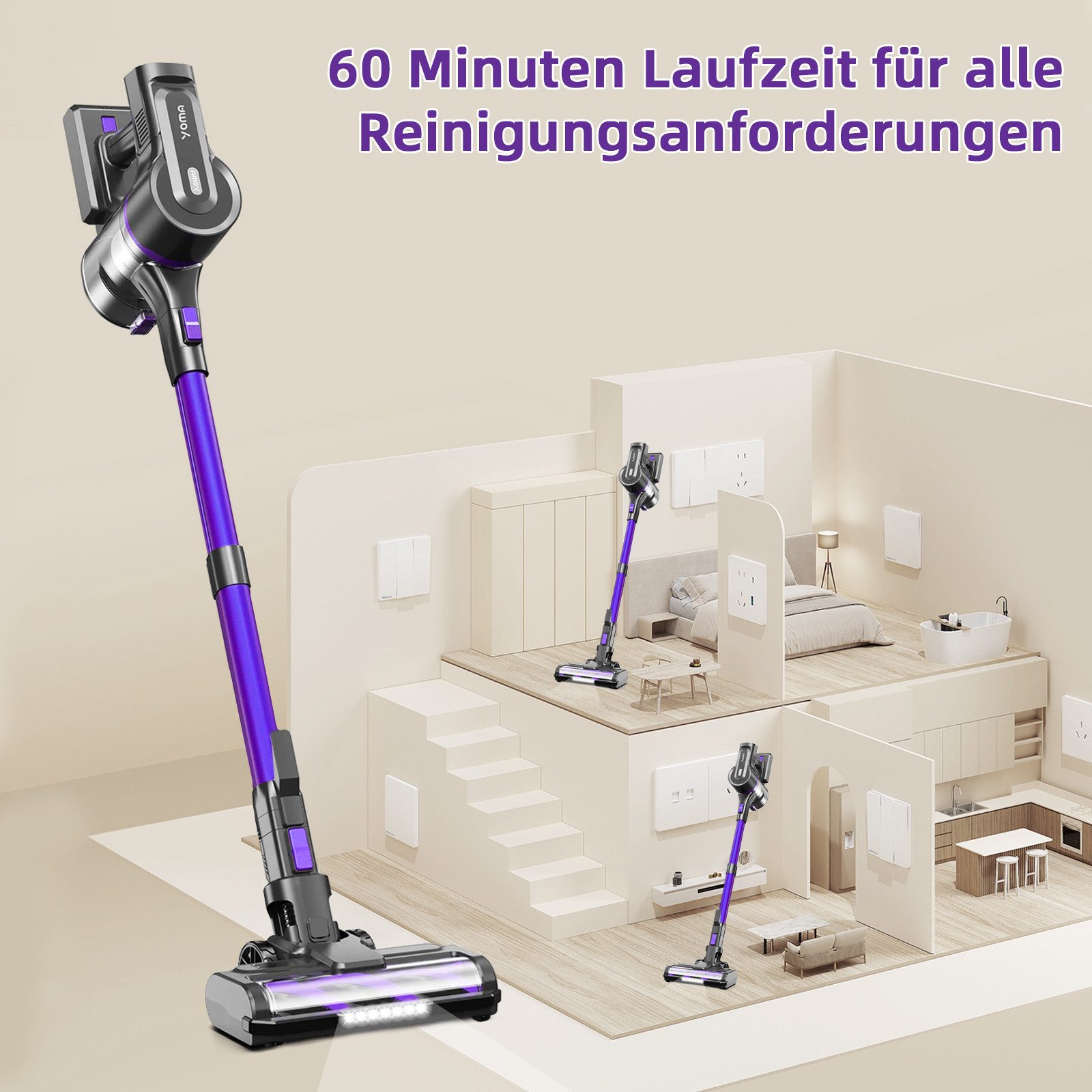 Grenintol Akku-Hand-und Stielstaubsauger Akku Staubsauger,65000pa/60min,3 Saugstufen, Kabelloser Staubsauger 2500mah*7 große Batterie,Laufzeit 60 min, Drei Leistungsstufen verfügbar,Intelligente Speicherfunktion