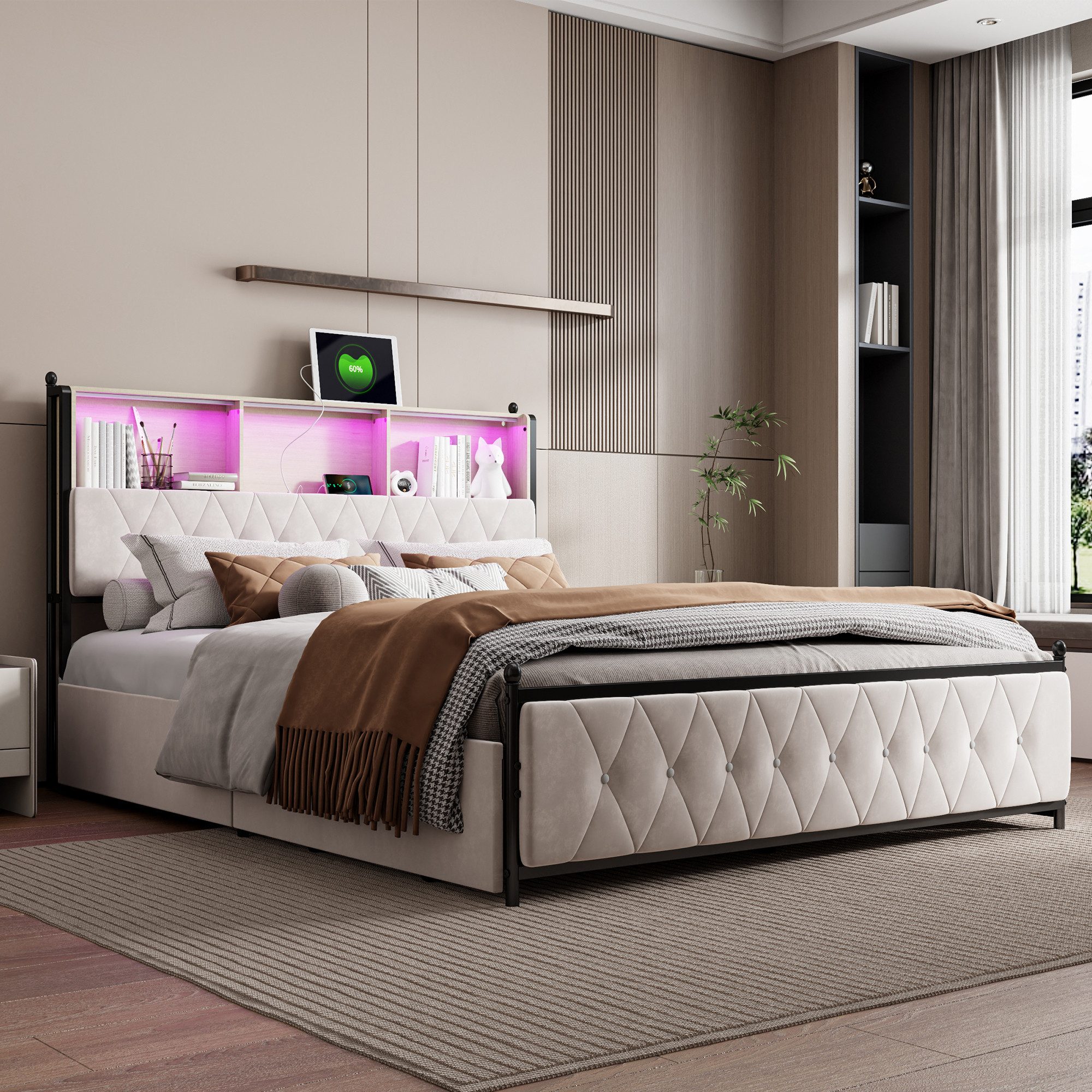 PXloue Polsterbett Doppelbett mit LED Licht günstig online kaufen