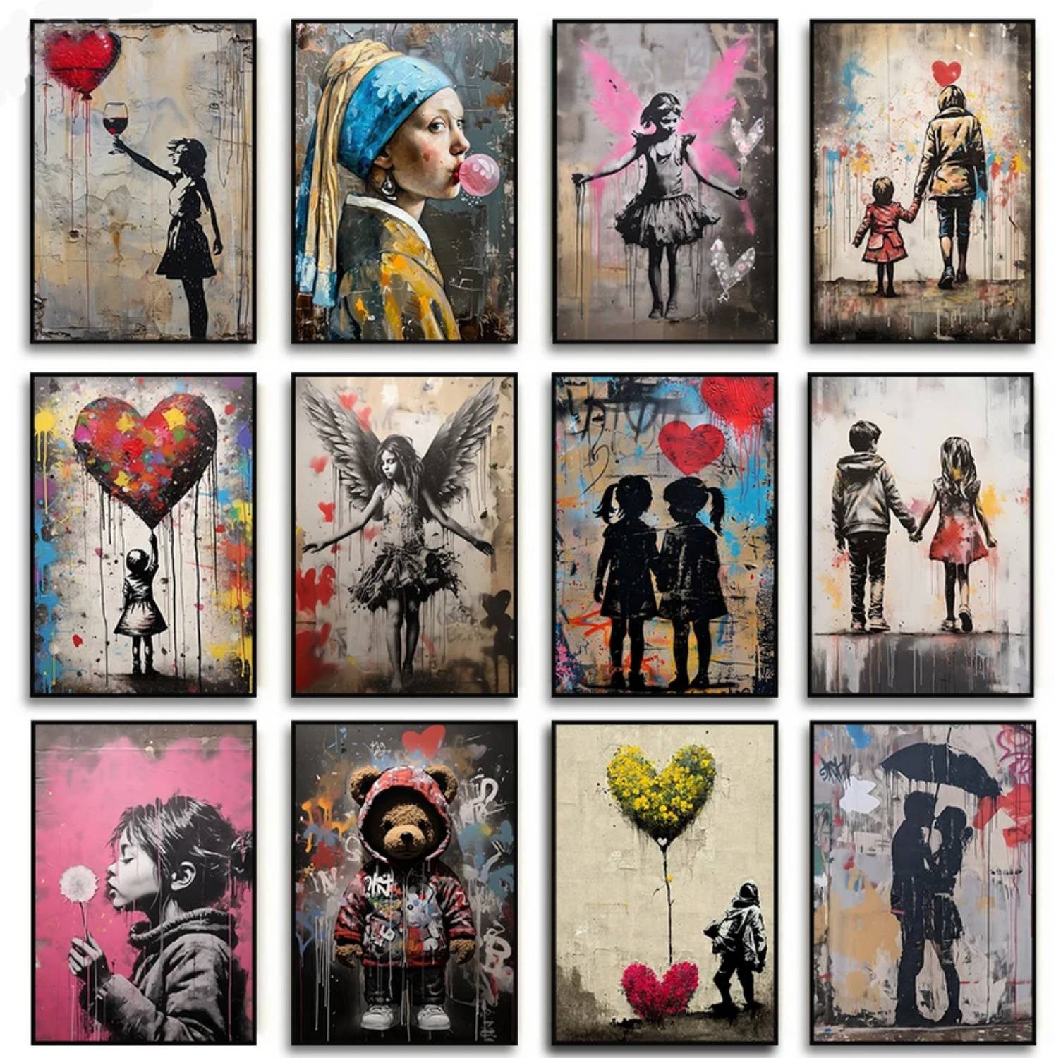 TPFLiving Kunstdruck OHNE RAHMEN, Bangsy Art- Graffiti Kunst - Street Art - (Leinwandbild XXL), Farben: Farben: Weiß, rot, blau, beige - Größe: 20x30cm