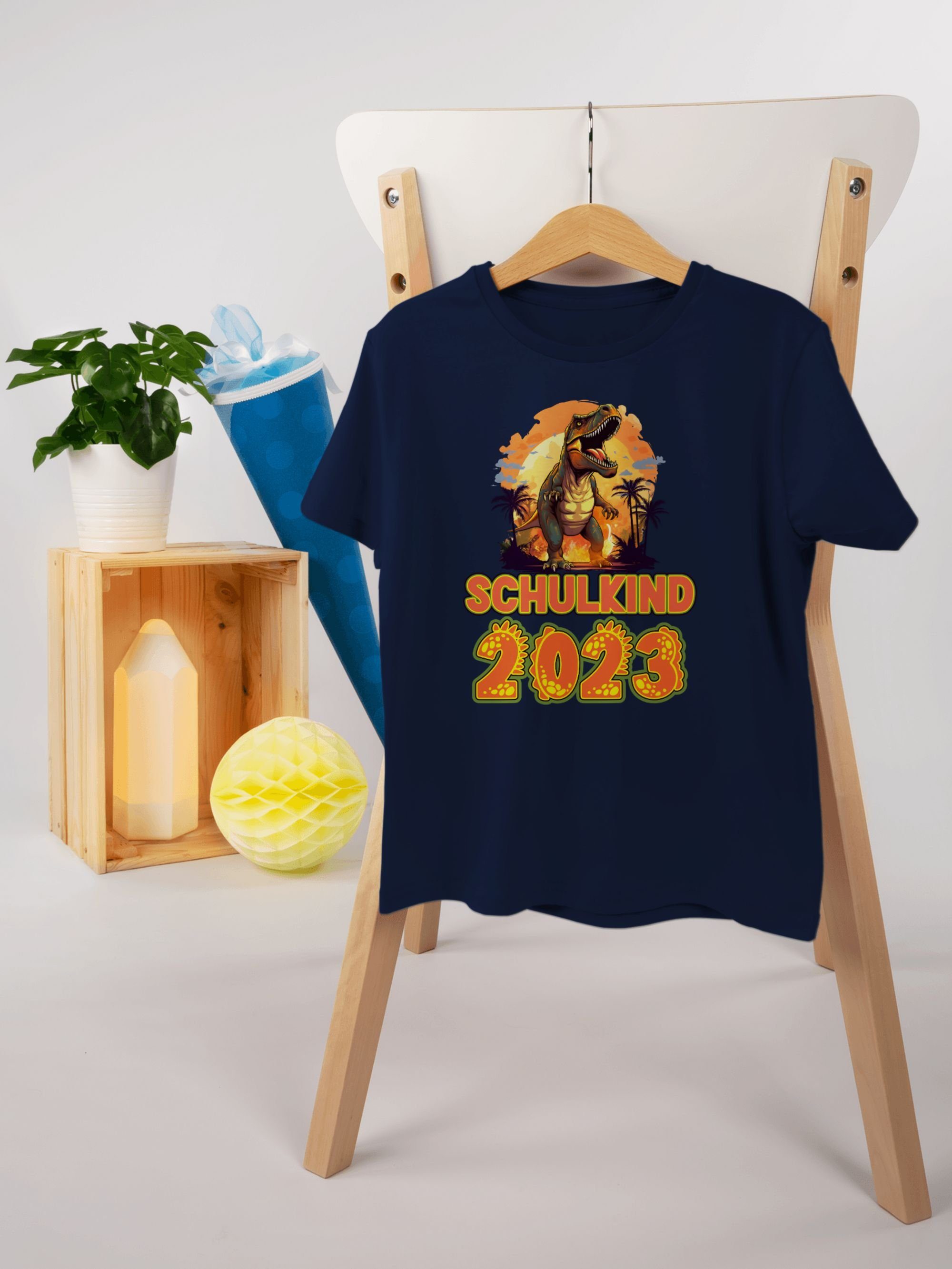 Shirtracer T-Shirt Schulkind 2023 Junge Dinosaurier Dino Schulanfang 1 Blau Navy Saurier Geschenke Einschulung