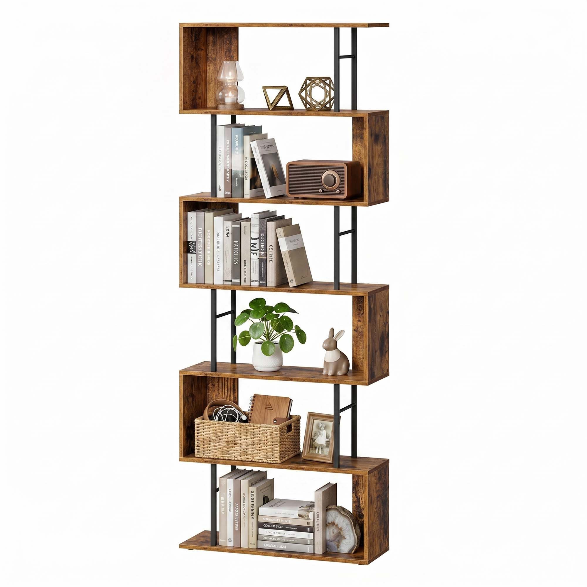 VASAGLE Bücherregal Standregal mit 7 Ebenen, S-Form Raumteiler, für Wohnzimmer, Büro, Freistehendes Regal, 60 x 23 x 190,5 cm