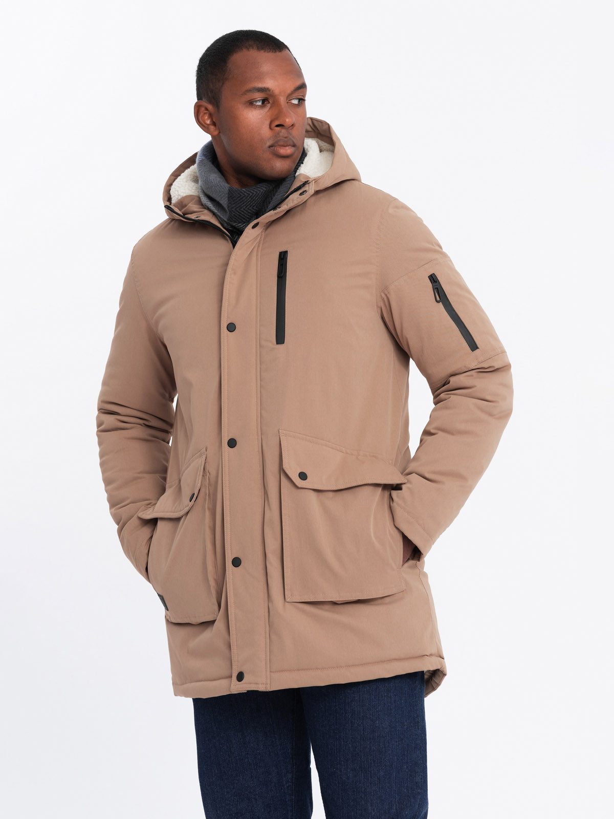 OMBRE Parka Lange Herren-Parka-Jacke mit Schafsfell
