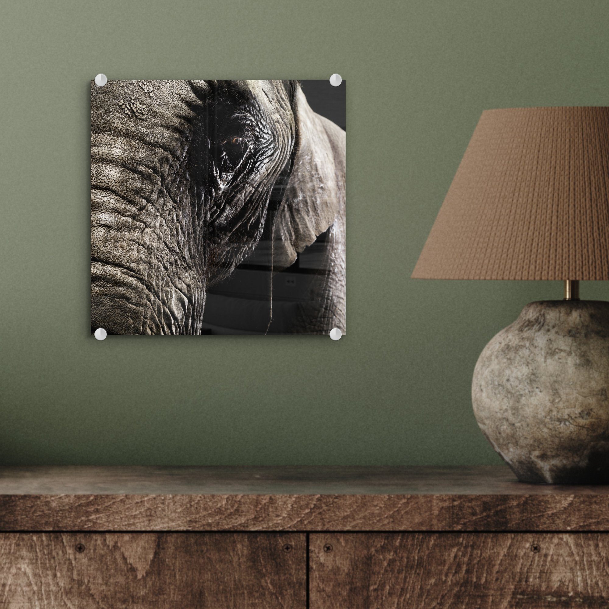 - Glas auf Elefant - Foto Wandbild auf St), Nahaufnahme - Bilder - - Glas Schwarz, Wanddekoration Acrylglasbild MuchoWow Tiere - (1 Glasbilder