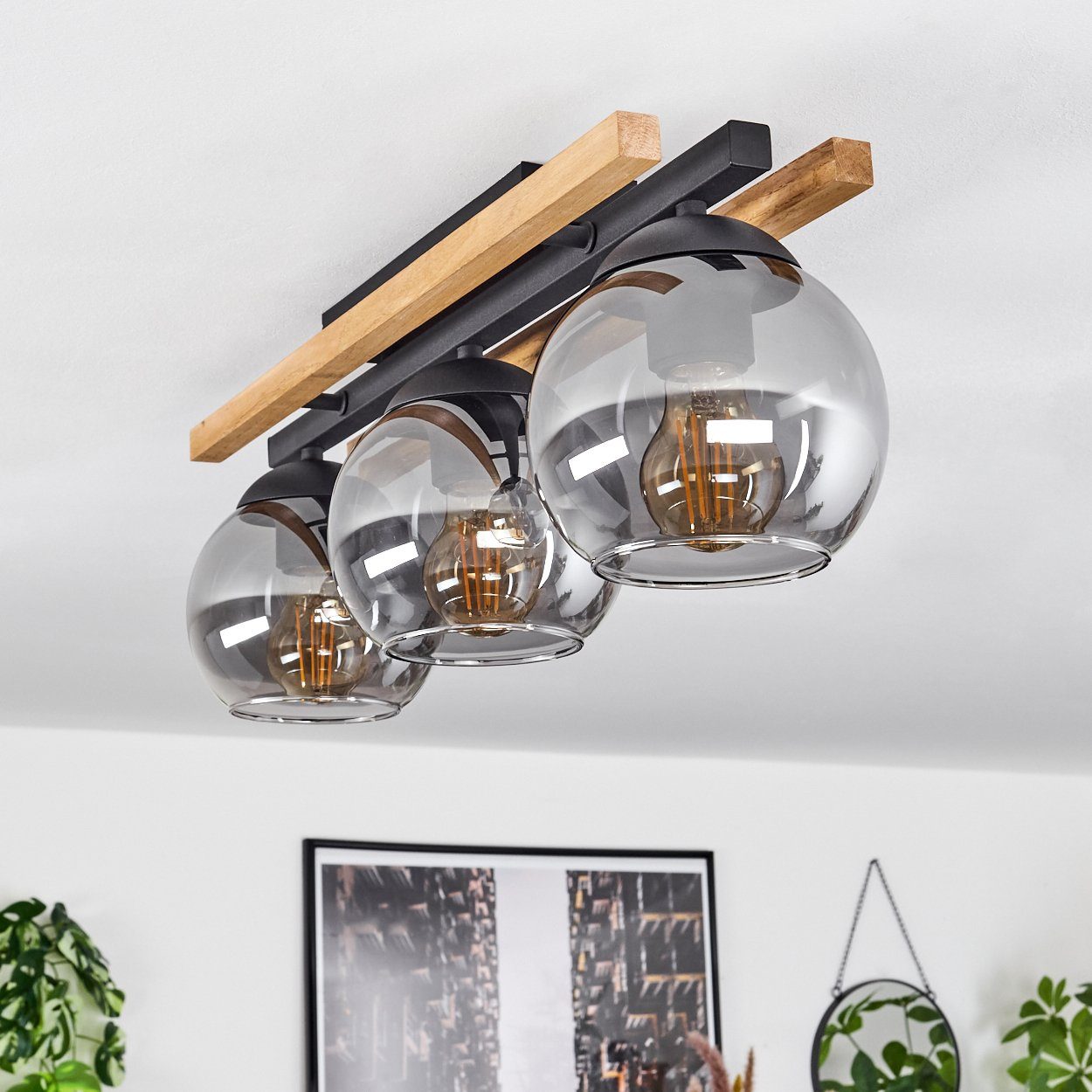 hofstein Deckenleuchte Deckenlampe aus Metall/Holz/Glas in Schwarz/Natur/Rauchfarben, ohne Leuchtmittel, Leuchte mit Schirmen aus Glas (15 cm), 3 x E27 – Bild 2 von 5