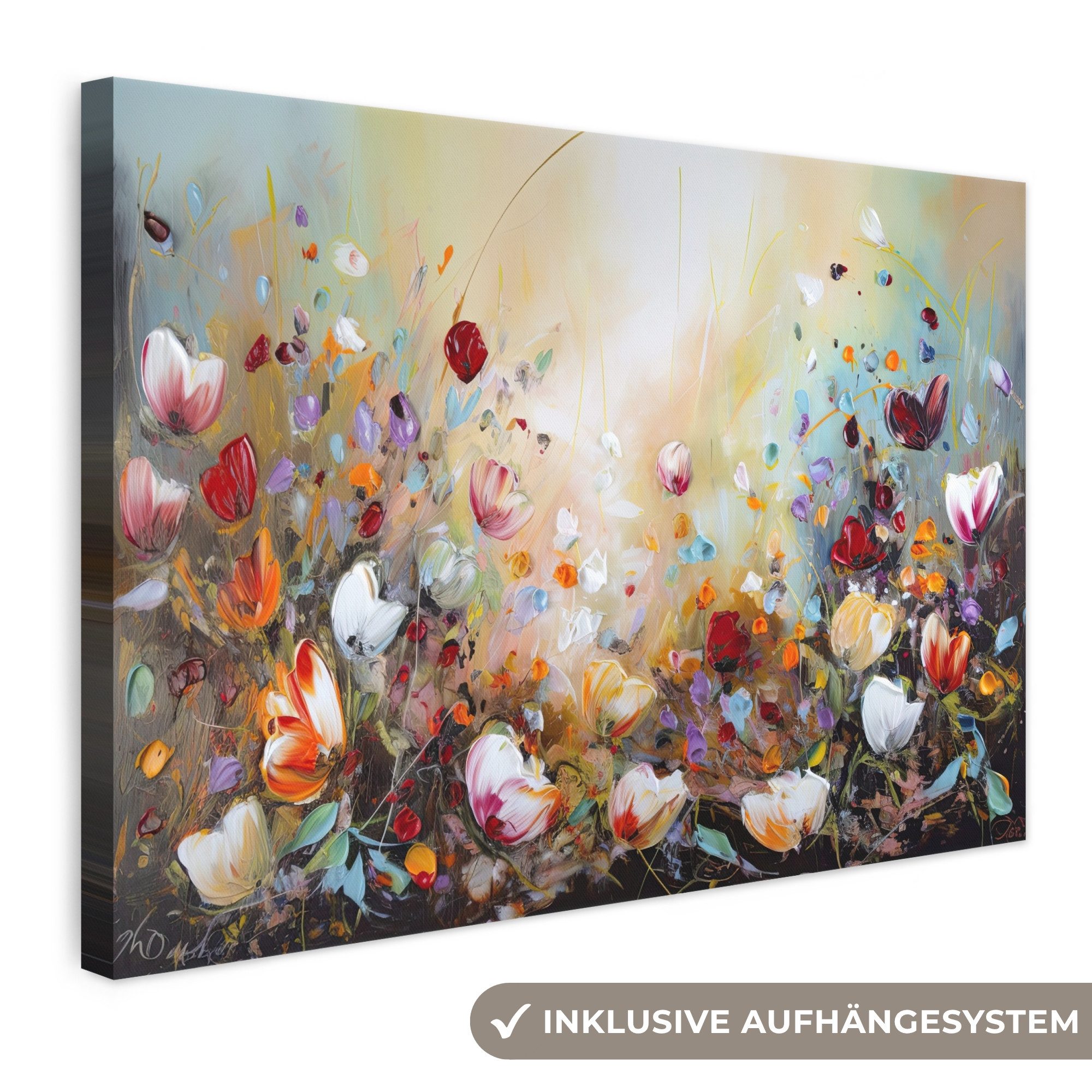 OneMillionCanvasses® Leinwandbild Ölfarben - Blumen - Farbenfroh - Natur, Fotodruck (1 St), Leinwand Bilder Klein, Wand Dekoration Aesthetic 30x20 cm