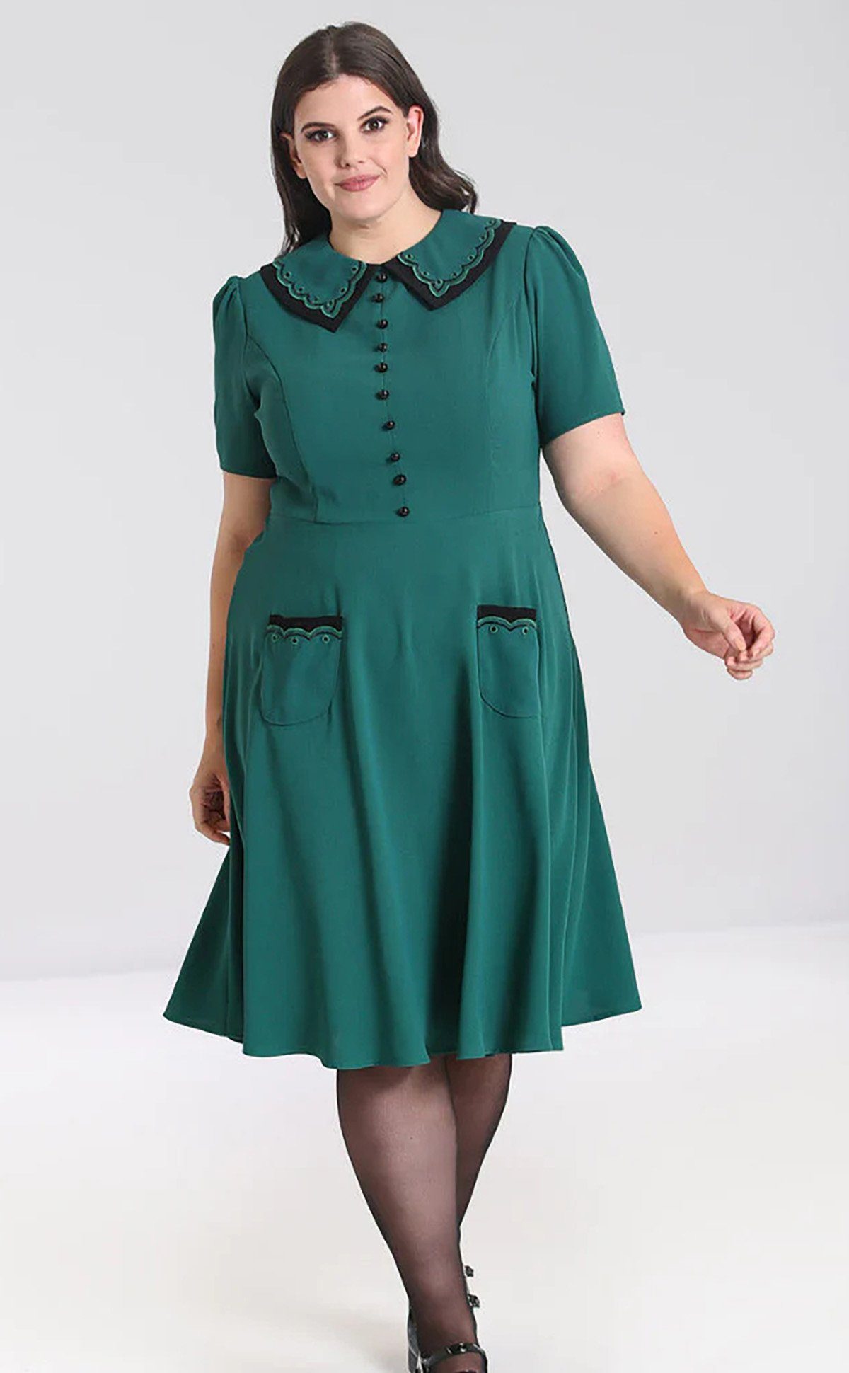 Hell Bunny A-Linien-Kleid Emily Dress Grün Retro Bubikragen 50s