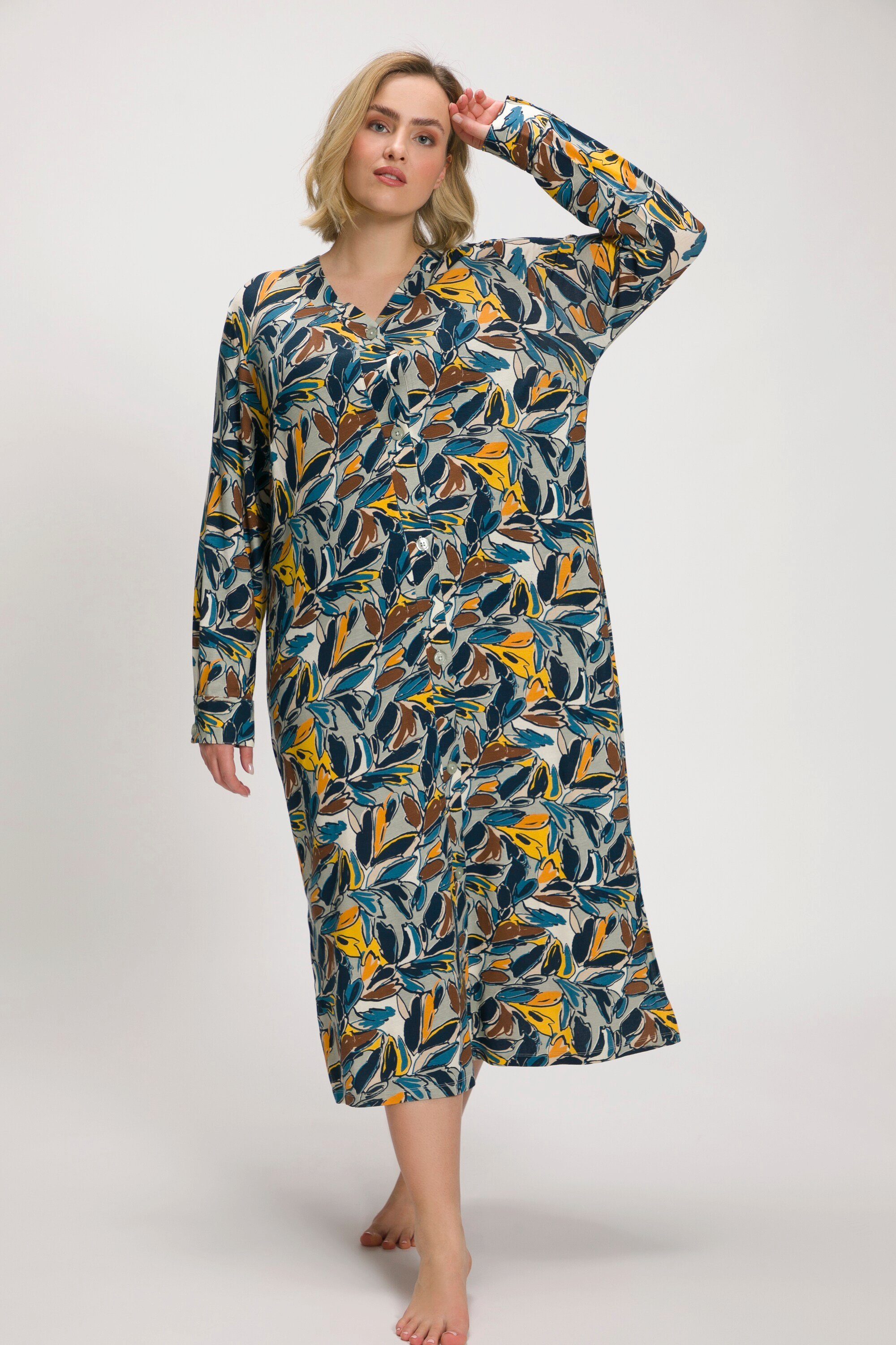 Ulla Popken Nachthemd florales Nachthemd V-Ausschnitt Knopfleiste Muster