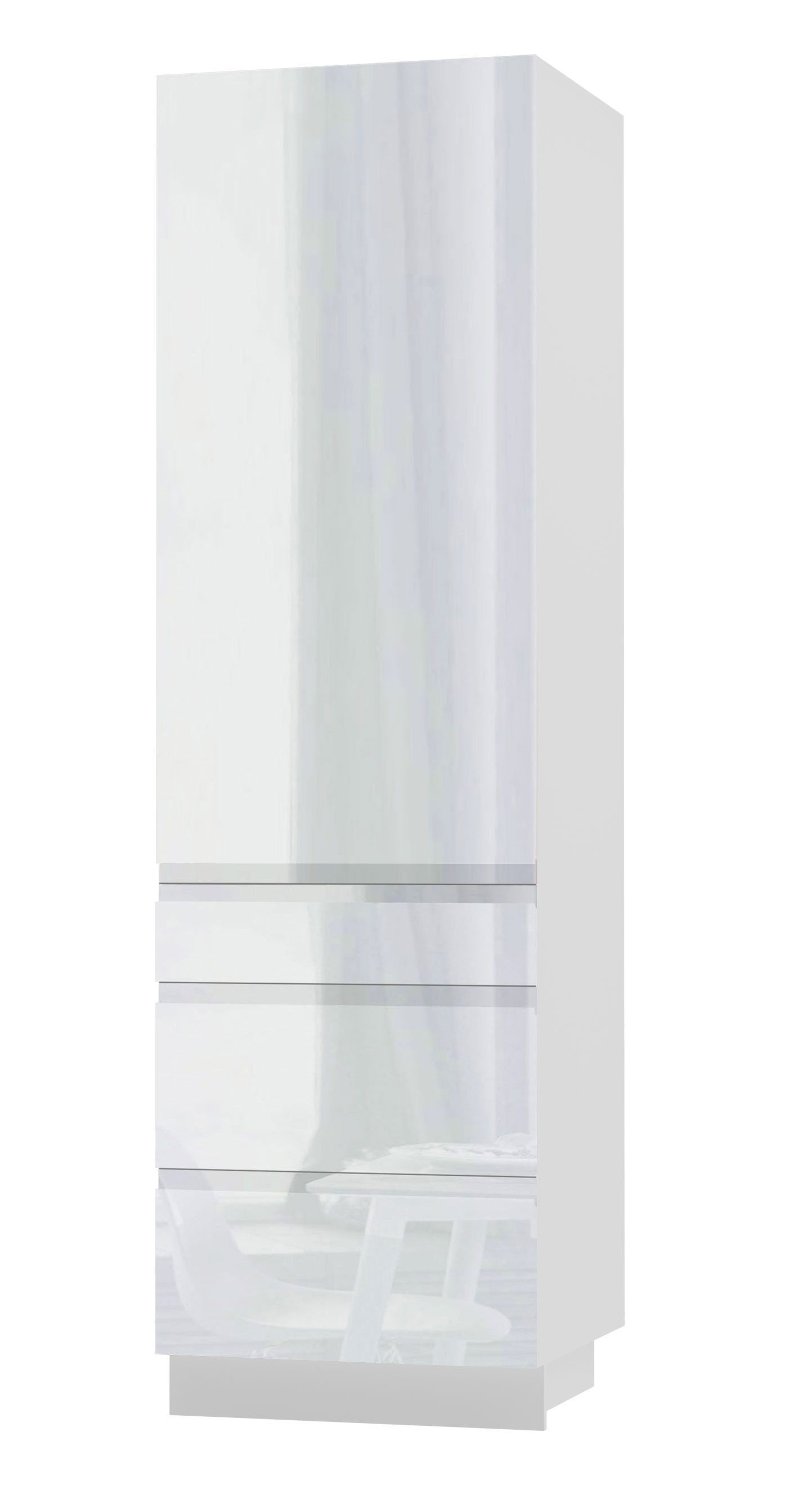 Feldmann-Wohnen Vorratsschrank Avellino (D14/DP/3M, Vorratsschrank mit Tür und 3 Schubladen (Teilauszug), 1-St., moderne Optik, Acrylfronten, Griffmulden) 60x56,5x207cm grifflos weiß - weiß Acryl Hochglanz (AV-D14/DP/3M)