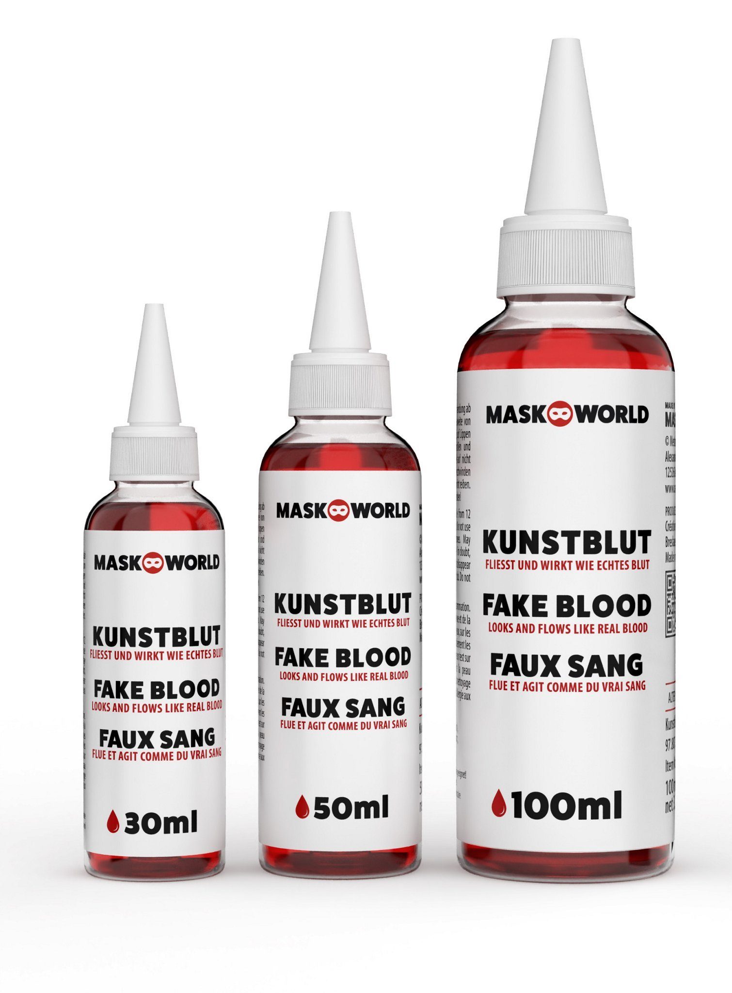 Maskworld Theaterschminke Kunstblut Flasche mit Dosierspitze 30 ml / 50 ml / (30-tlg), Fließt und wirkt wie echtes Blut – ideal für eine punktgenaue Anwe