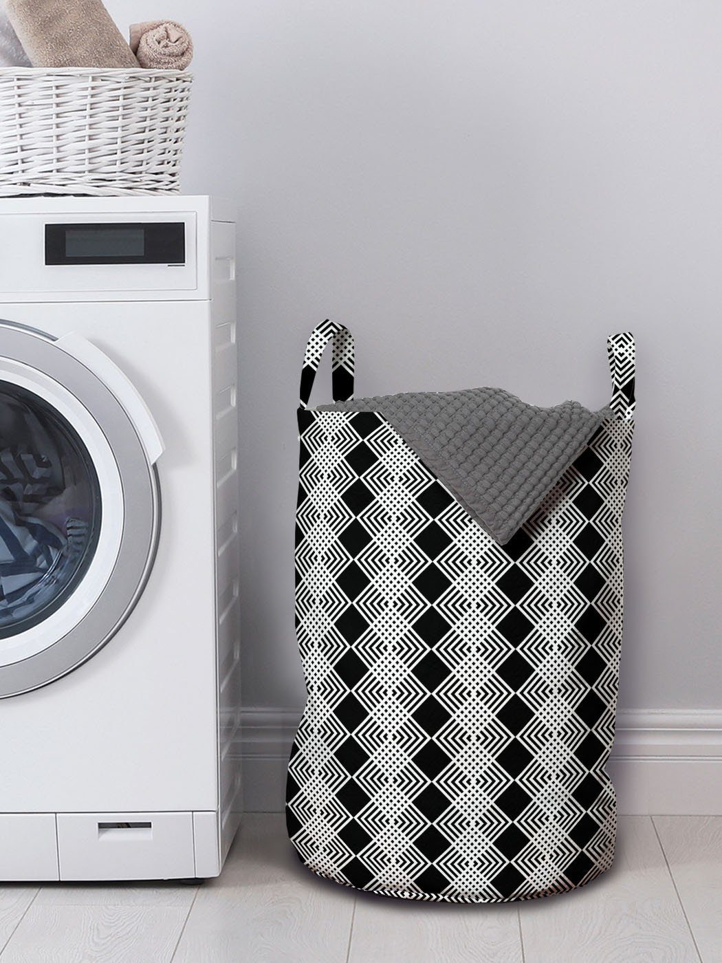 Moderne Wäschekorb mit Kordelzugverschluss Geometrisch für Waschsalons, Wäschesäckchen Abakuhaus Squares Griffen Concentric